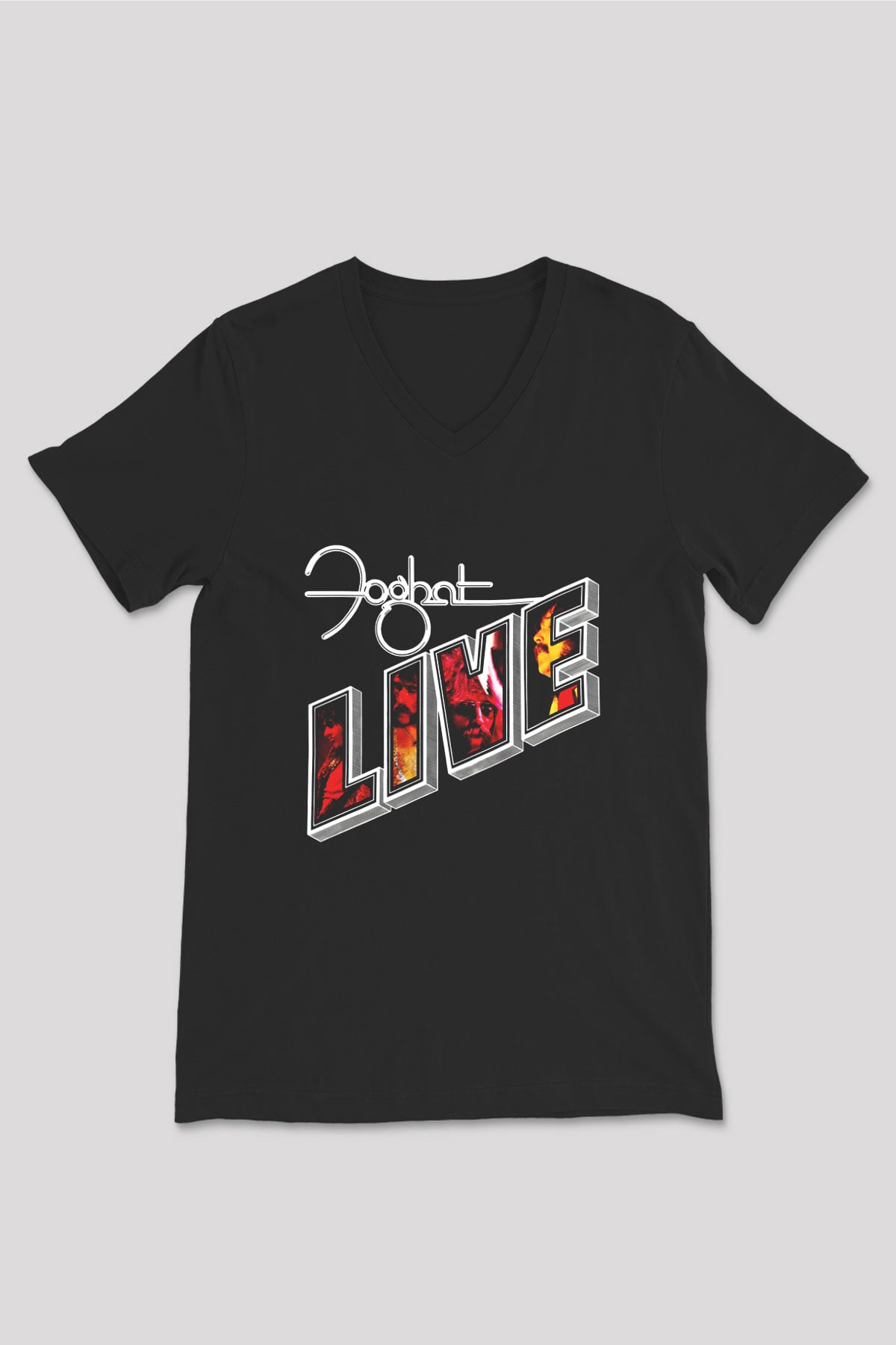 Foghat Baskılı Unisex Siyah V Yaka Tişört