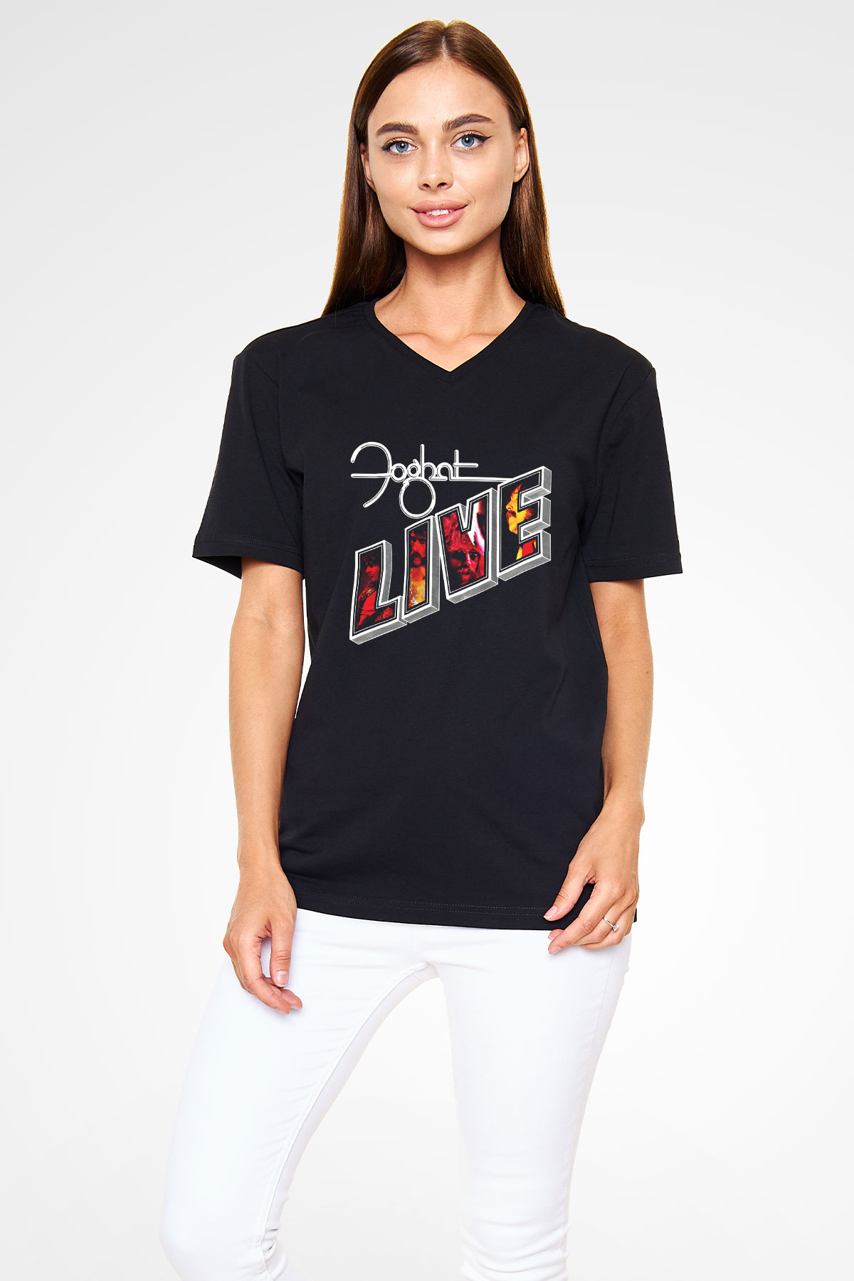 Foghat Baskılı Unisex Siyah V Yaka Tişört