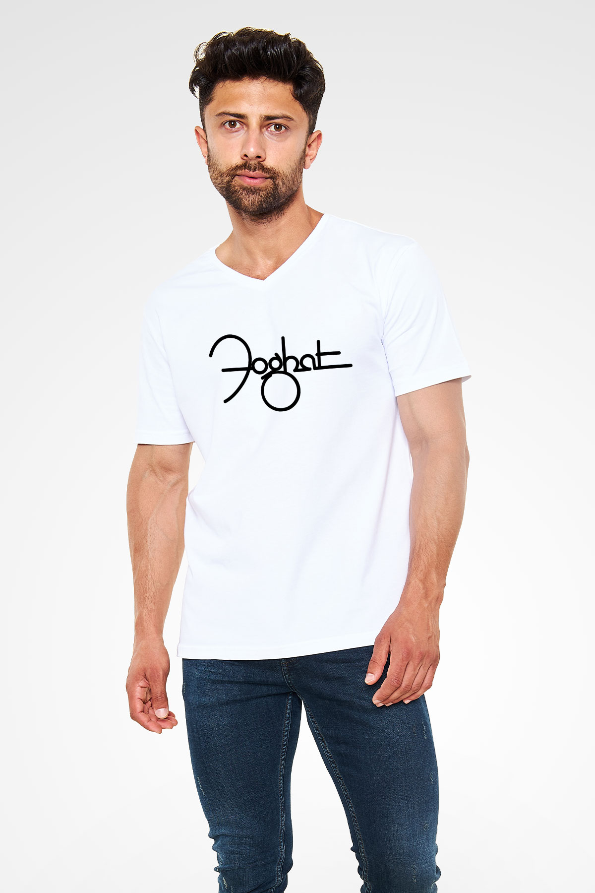 Foghat Beyaz Unisex V Yaka Tişört