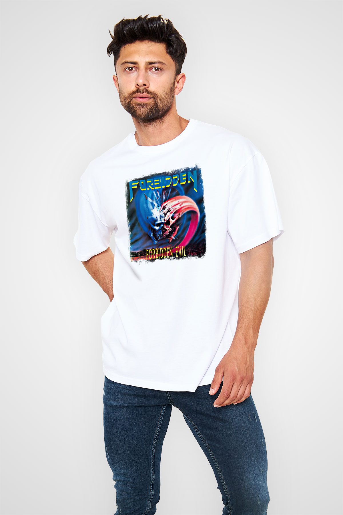 Forbidden Baskılı Unisex Beyaz Oversize Tişört