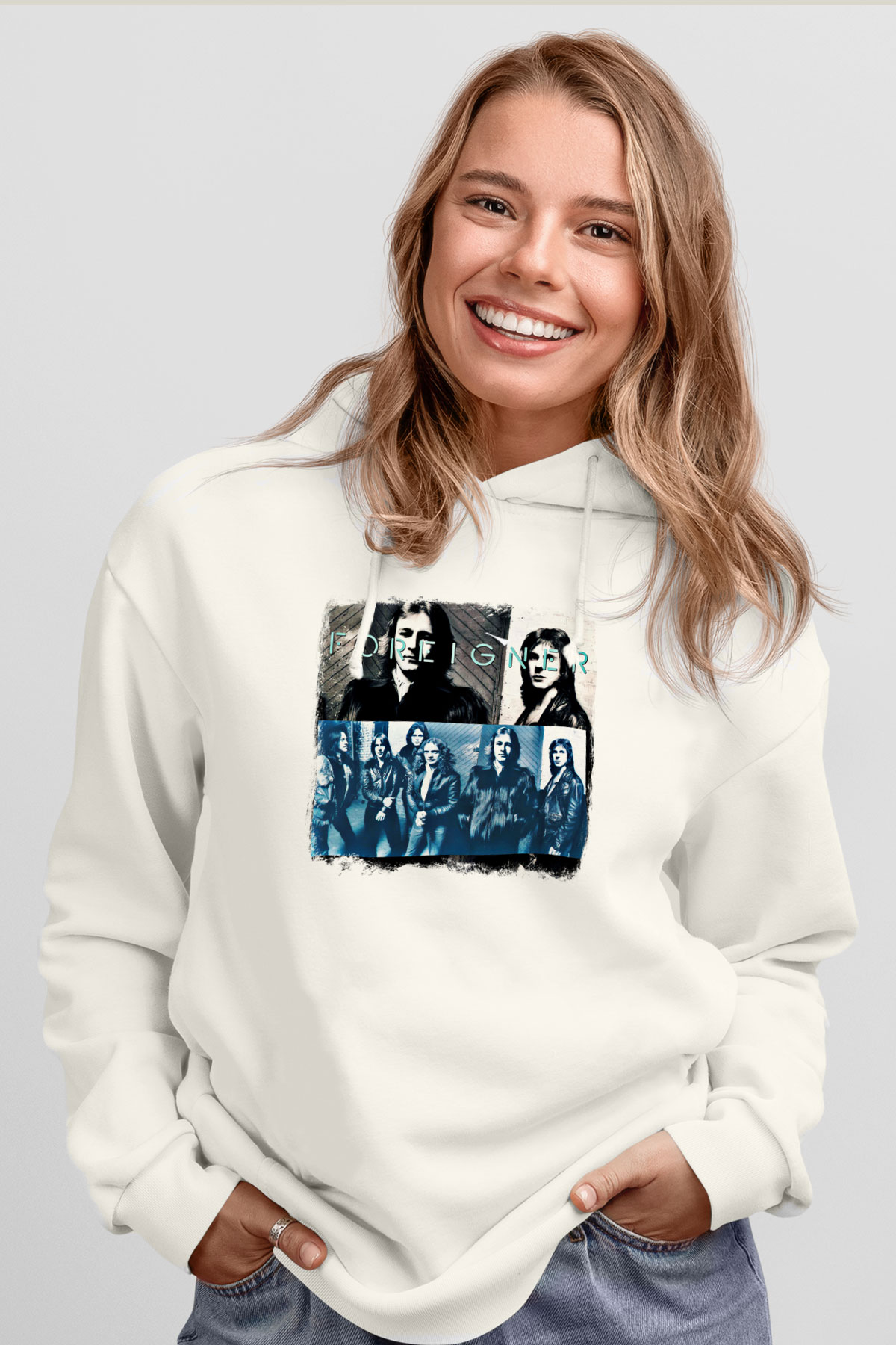 Foreigner Baskılı Unisex Beyaz Hoodie