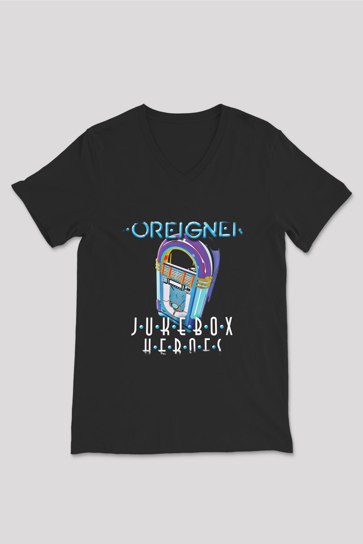 Foreigner Baskılı Unisex Siyah V Yaka Tişört