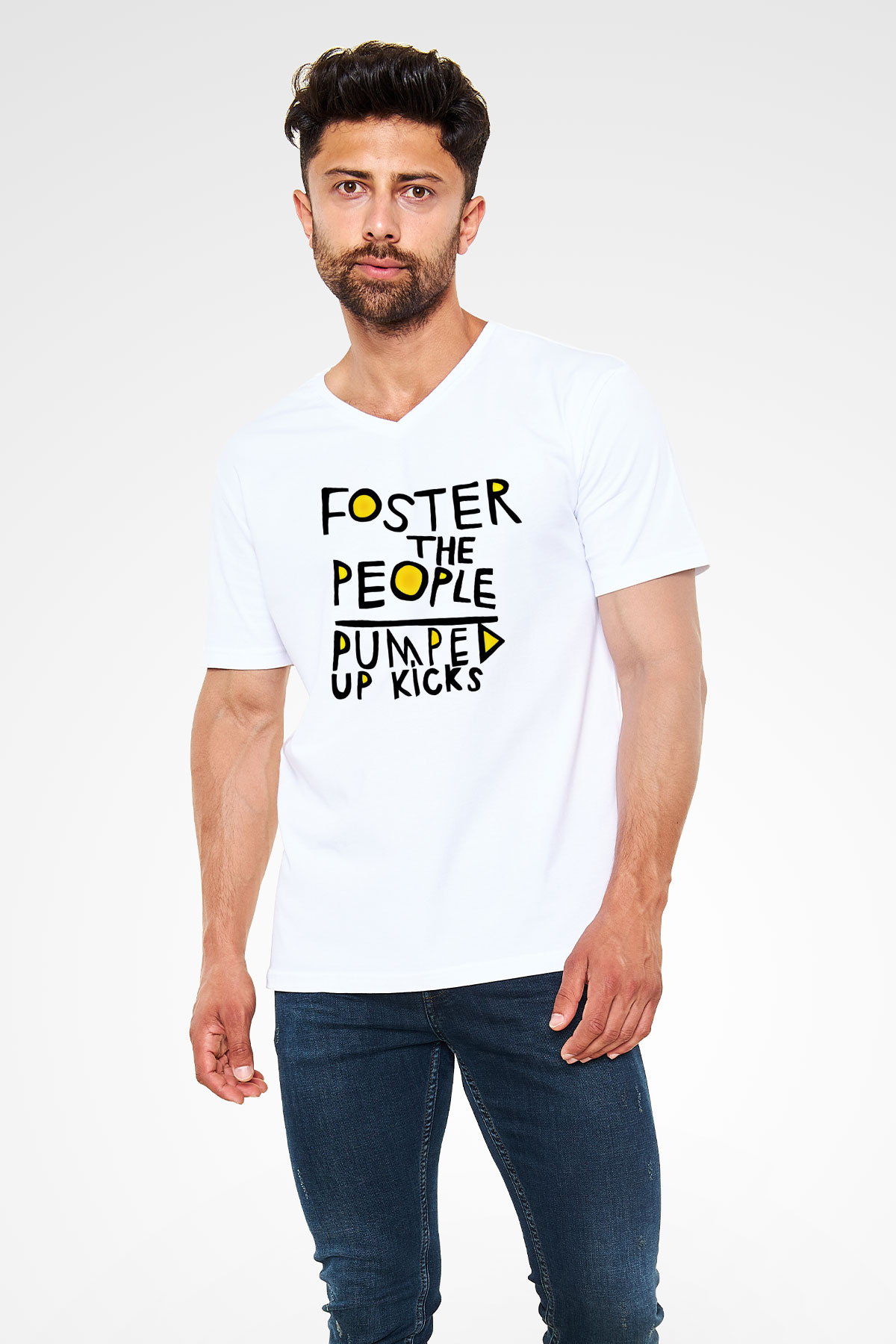 Foster the People Baskılı Unisex Beyaz V Yaka Tişört