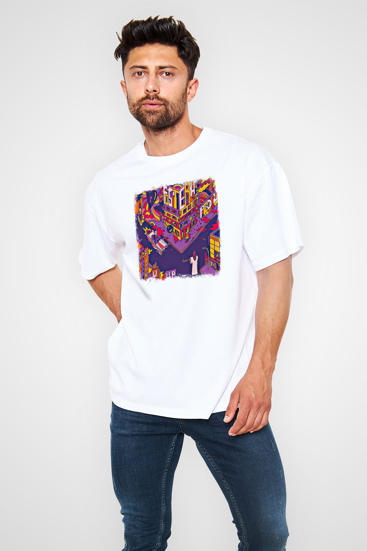 Foster the People Baskılı Unisex Beyaz Oversize Tişört