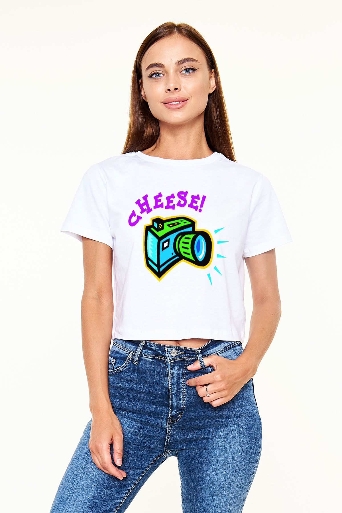 Fotoğrafçı Beyaz Croptop Tişört