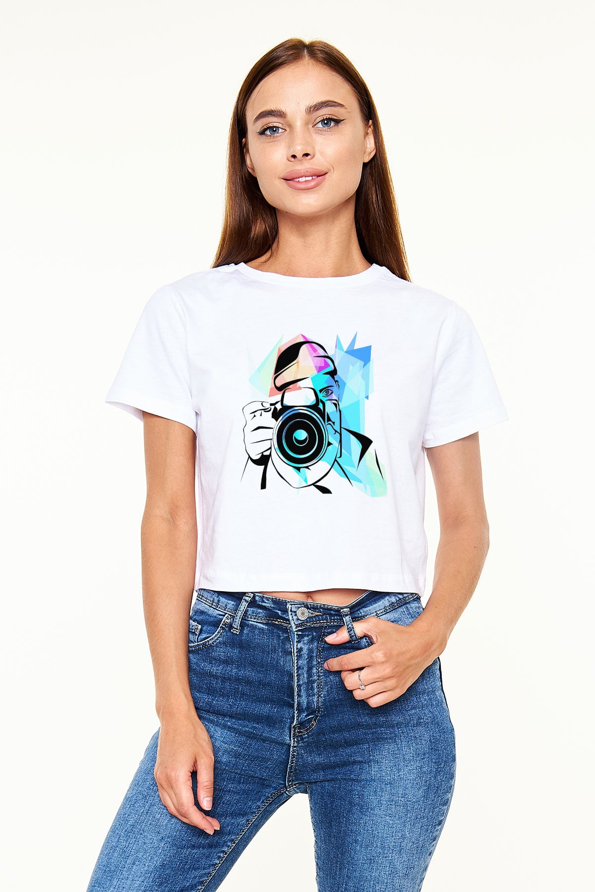 Fotoğrafçı Beyaz Croptop Tişört