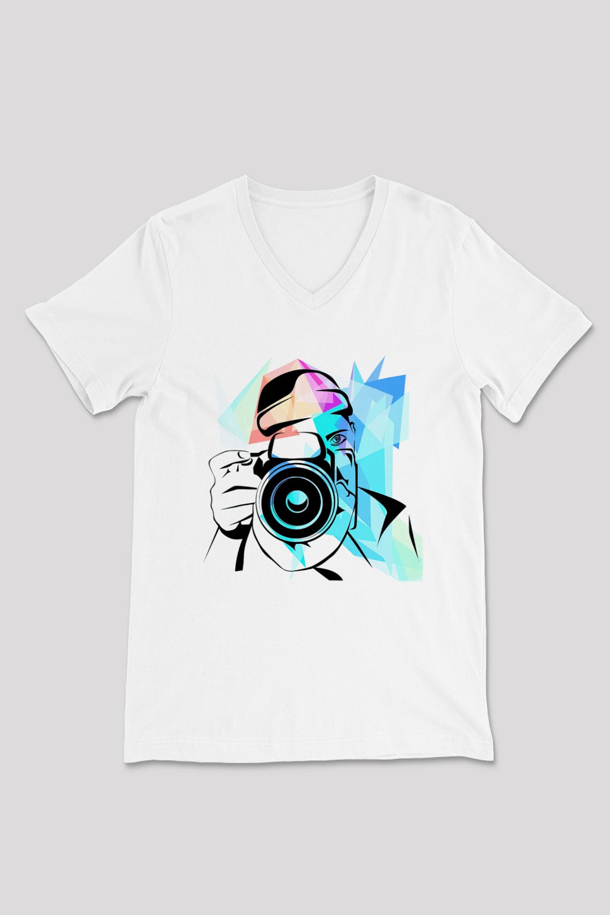 Fotoğrafçı Beyaz Unisex V Yaka Tişört T-Shirt