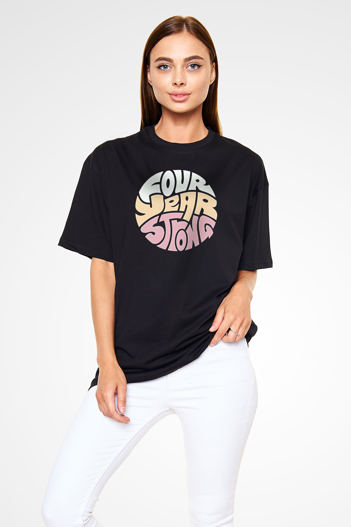 Four Year Strong Baskılı Unisex Siyah Oversize Tişört - Tshirt