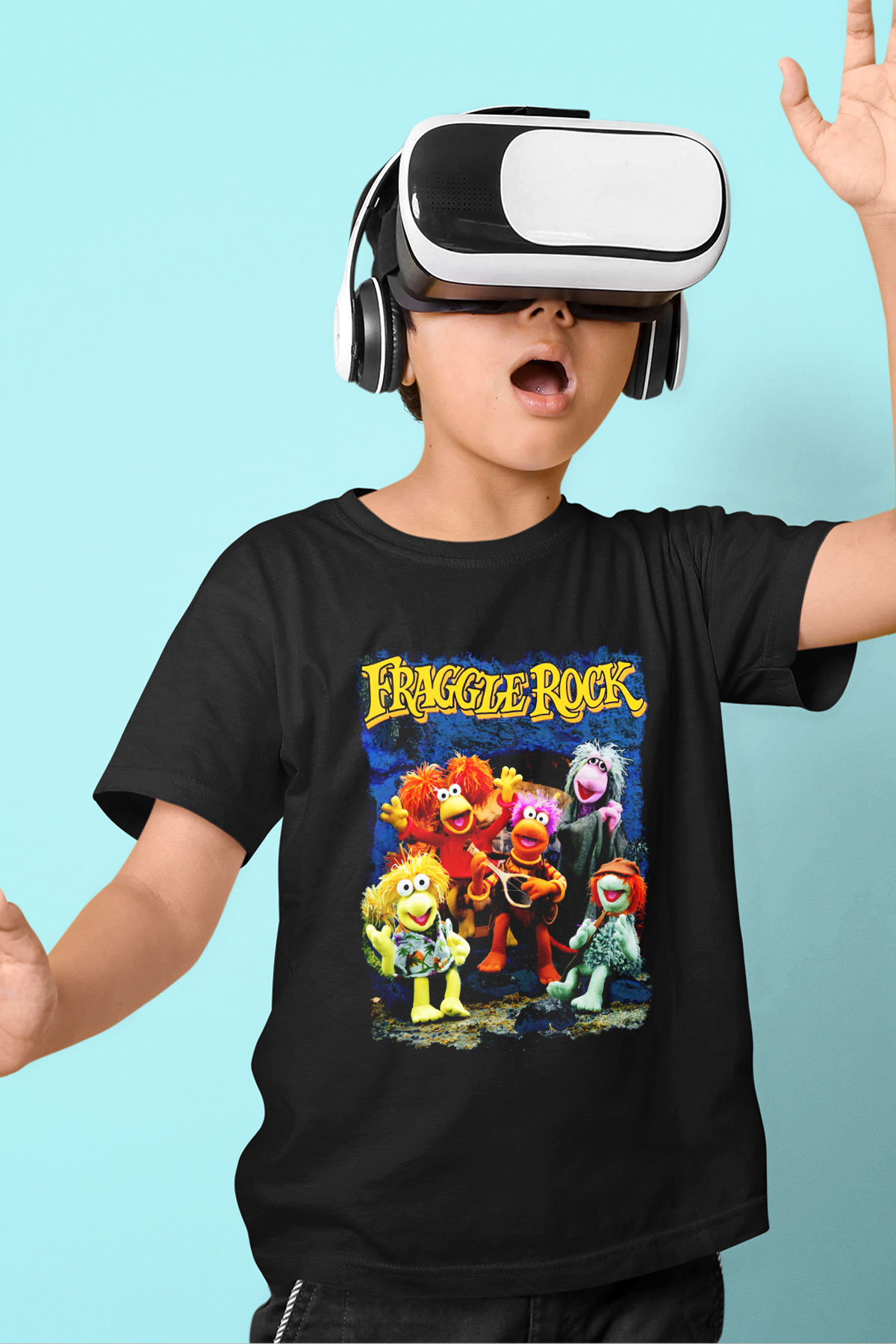 Fraggle Rock Baskılı Siyah Unisex Çocuk Tişört