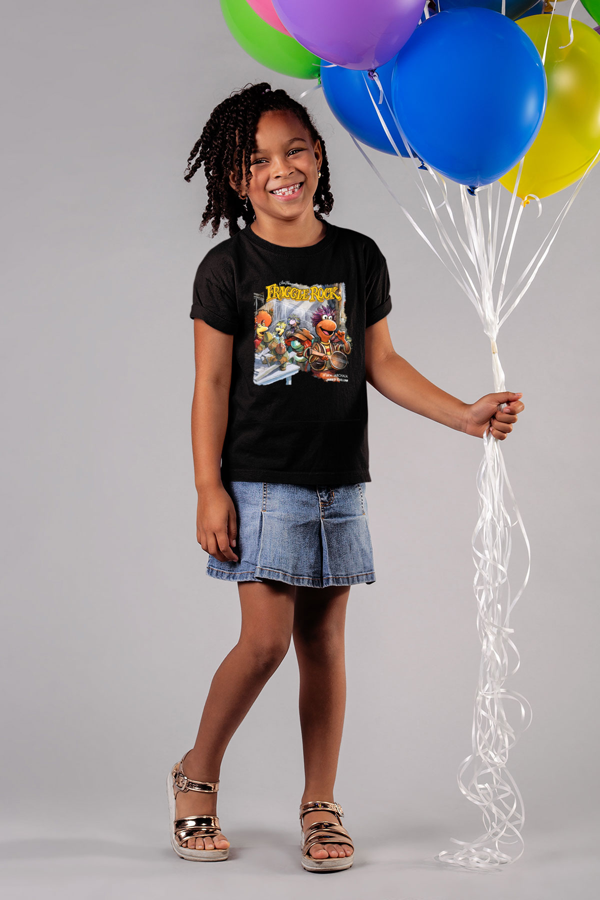 Fraggle Rock Baskılı Siyah Unisex Çocuk Tişört