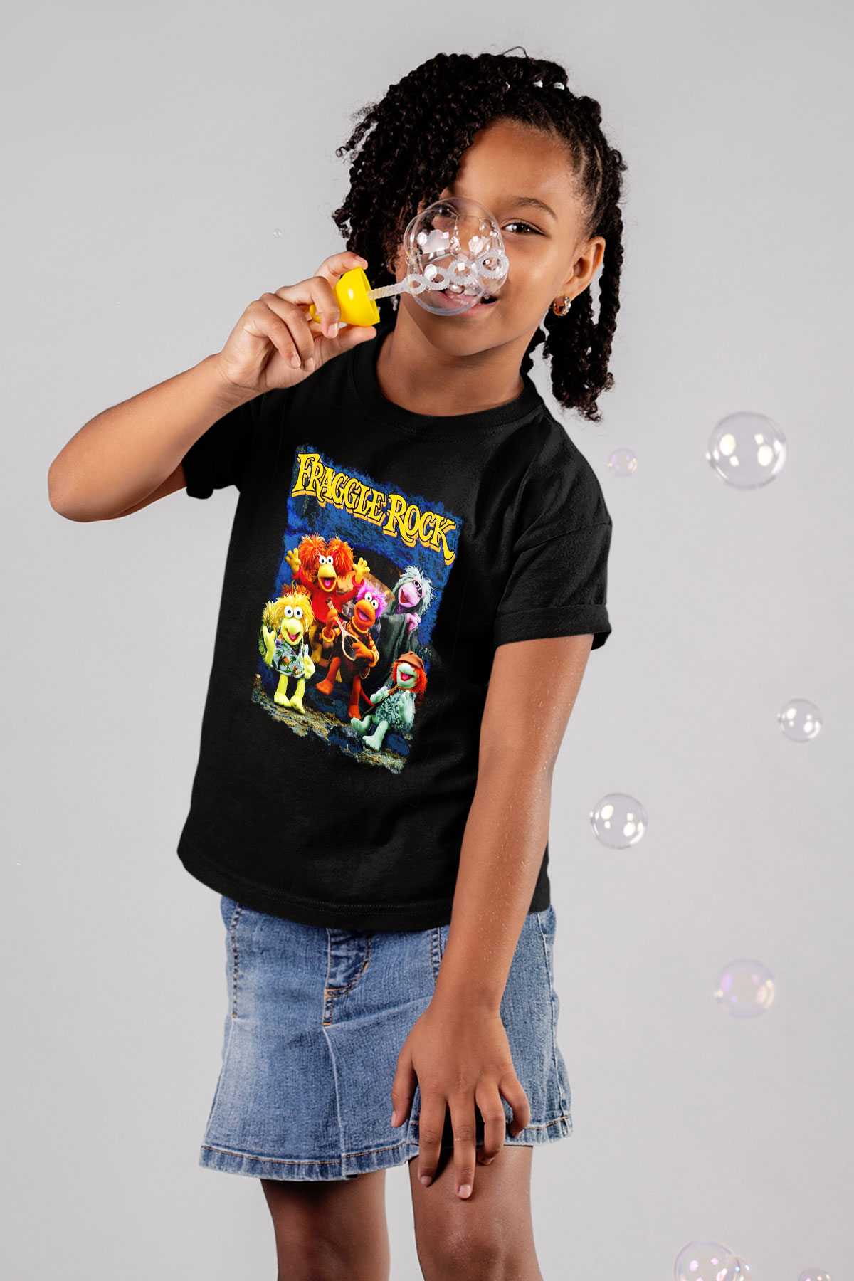 Fraggle Rock Baskılı Siyah Unisex Çocuk Tişört