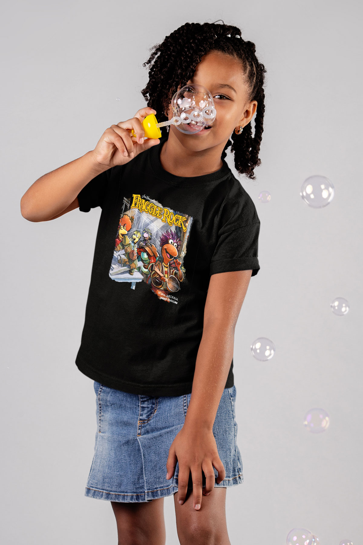 Fraggle Rock Baskılı Siyah Unisex Çocuk Tişört