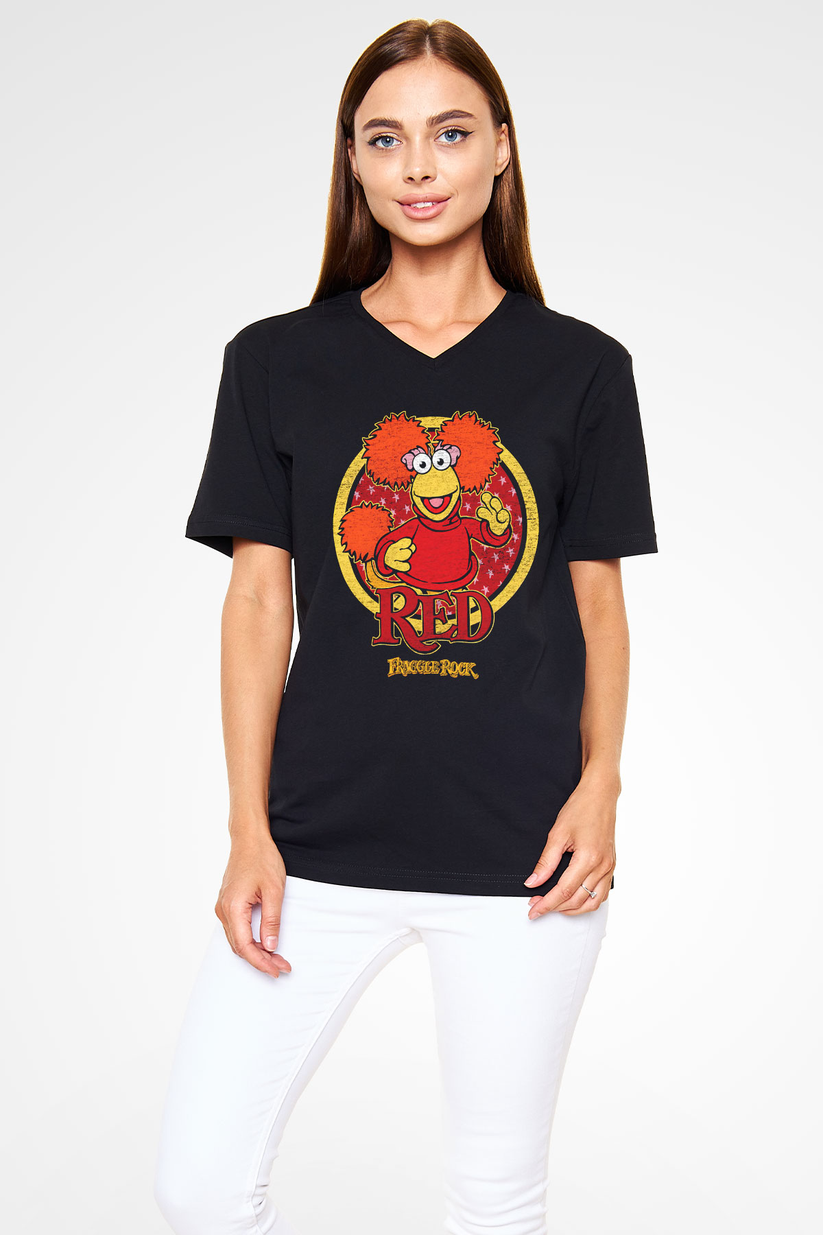 Fraggle Rock Siyah Unisex  V Yaka Tişört
