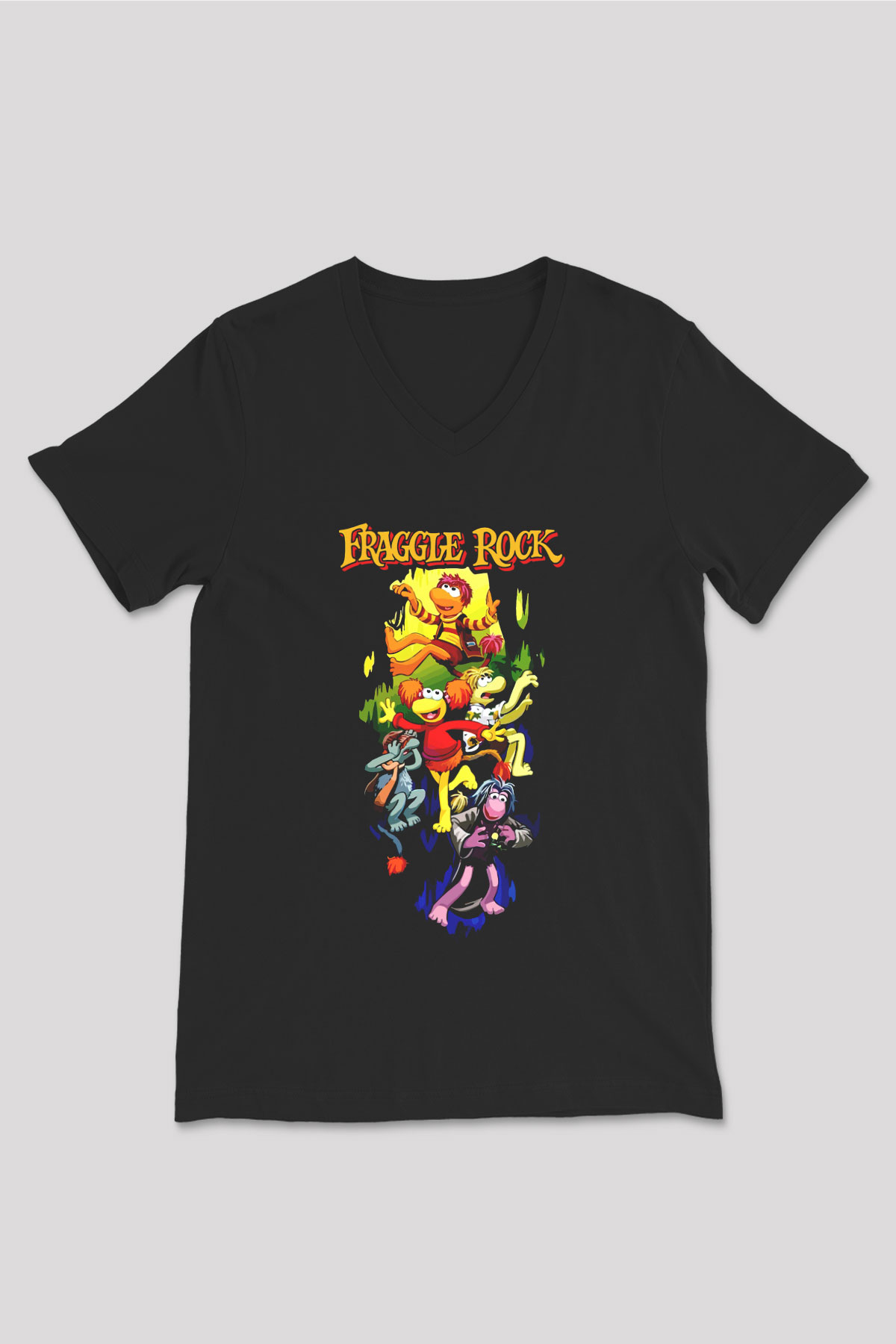 Fraggle Rock Siyah Unisex  V Yaka Tişört