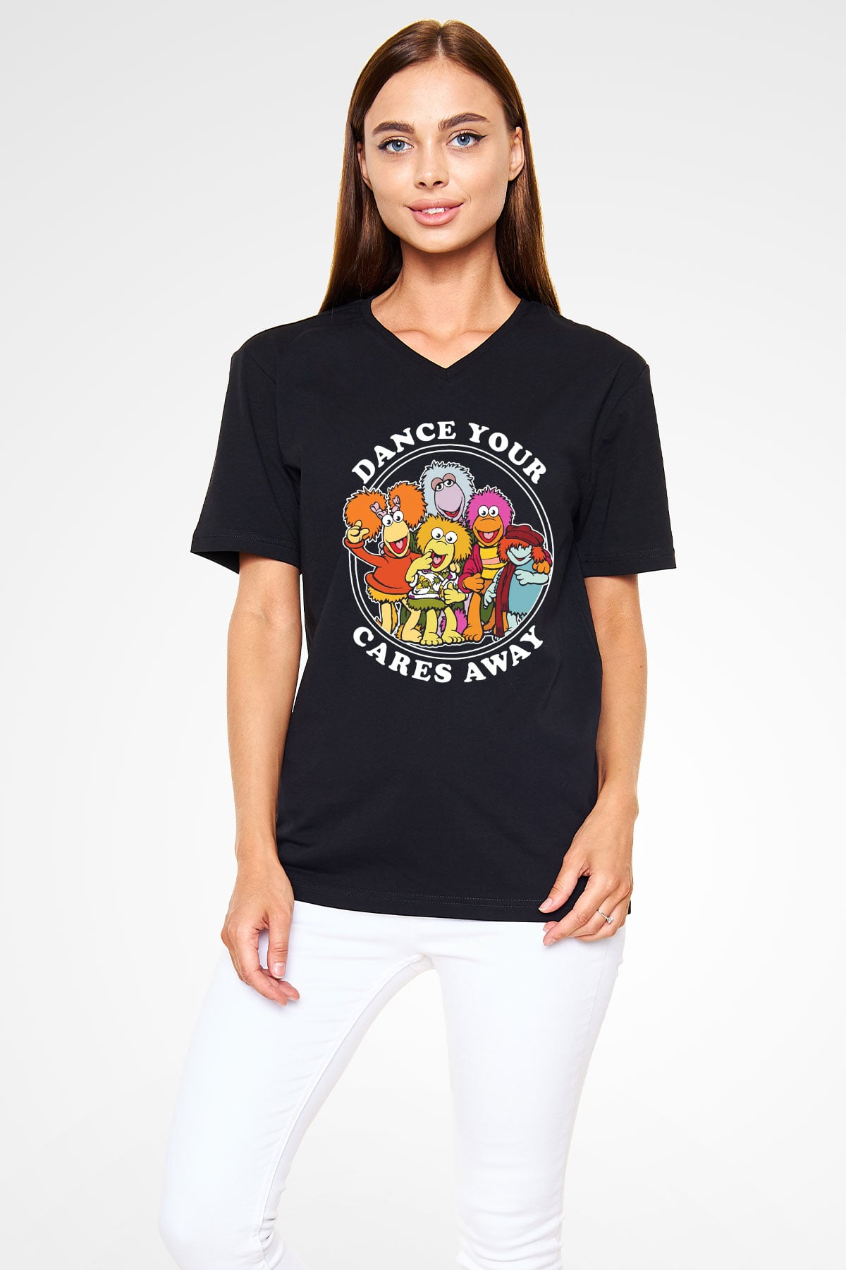 Fraggle Rock Siyah Unisex  V Yaka Tişört