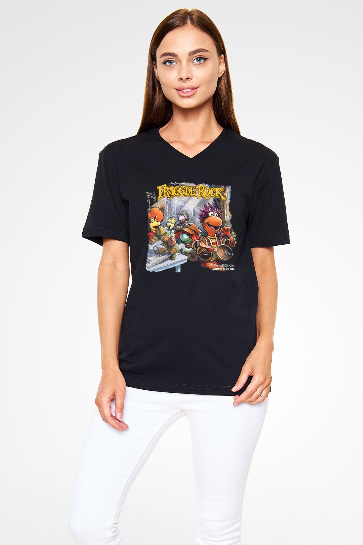 Fraggle Rock Siyah Unisex V Yaka Tişört