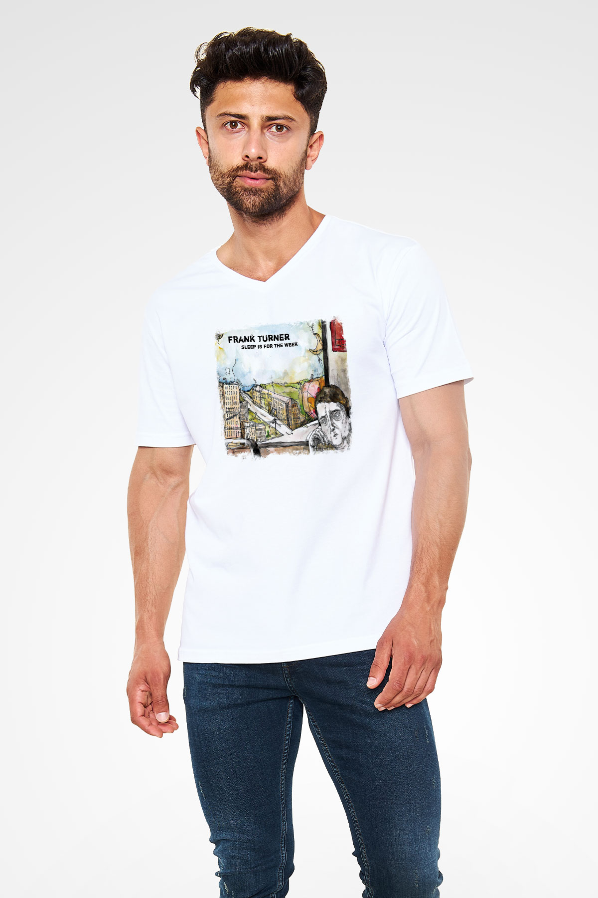 Frank Turner Baskılı Unisex Beyaz V Yaka Tişört