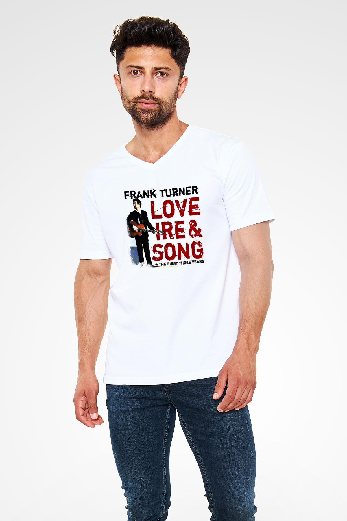 Frank Turner Baskılı Unisex Beyaz V Yaka Tişört