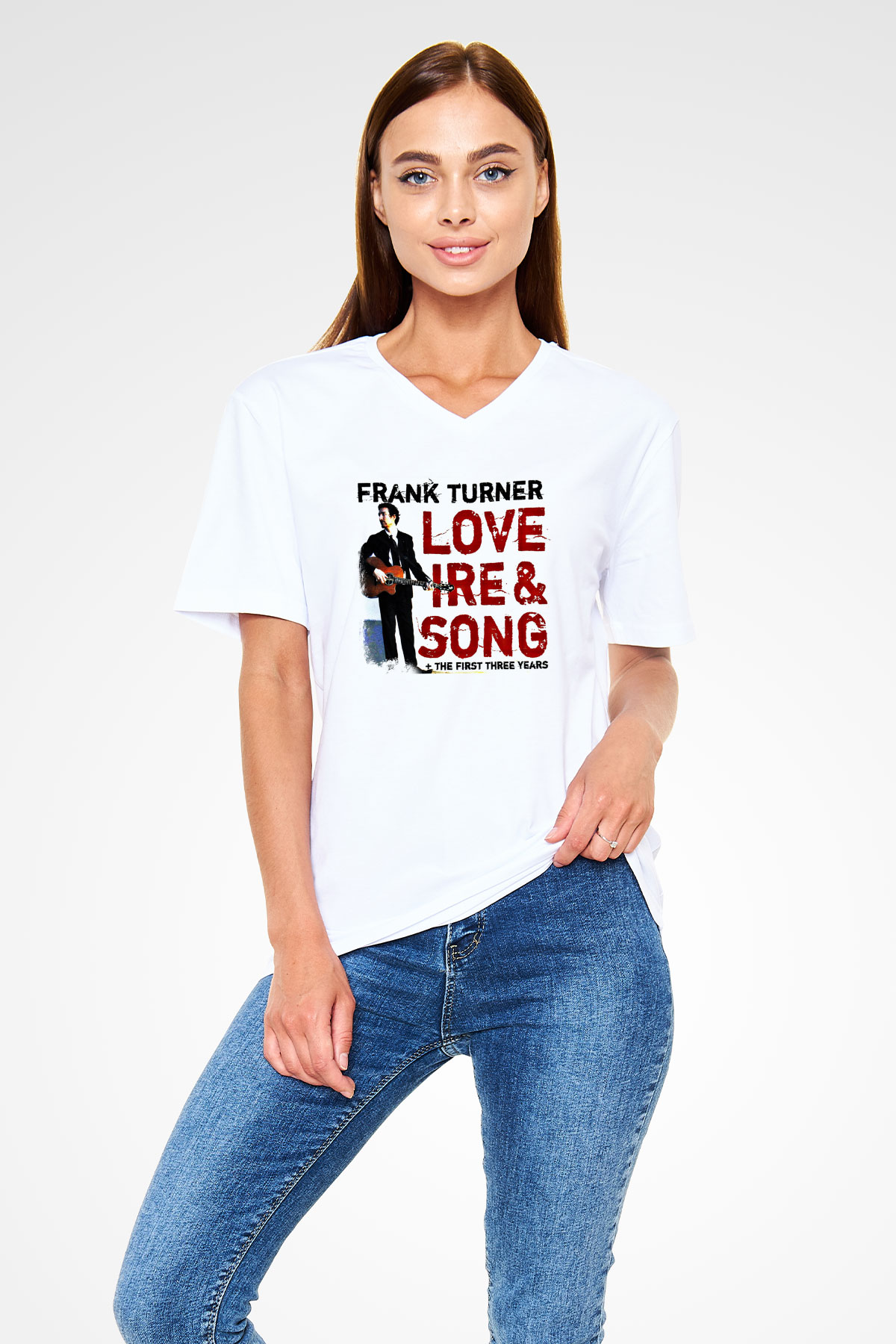 Frank Turner Baskılı Unisex Beyaz V Yaka Tişört