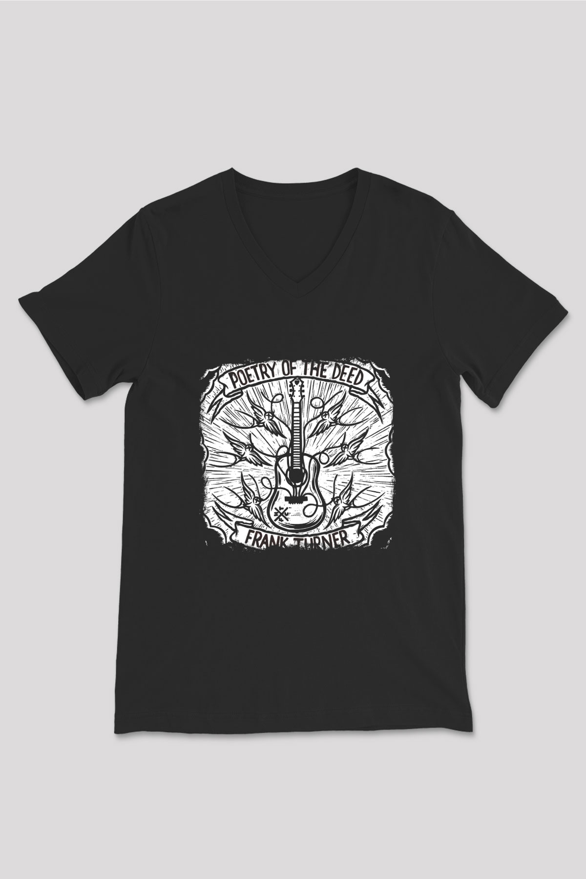 Frank Turner Baskılı Unisex Siyah V Yaka Tişört