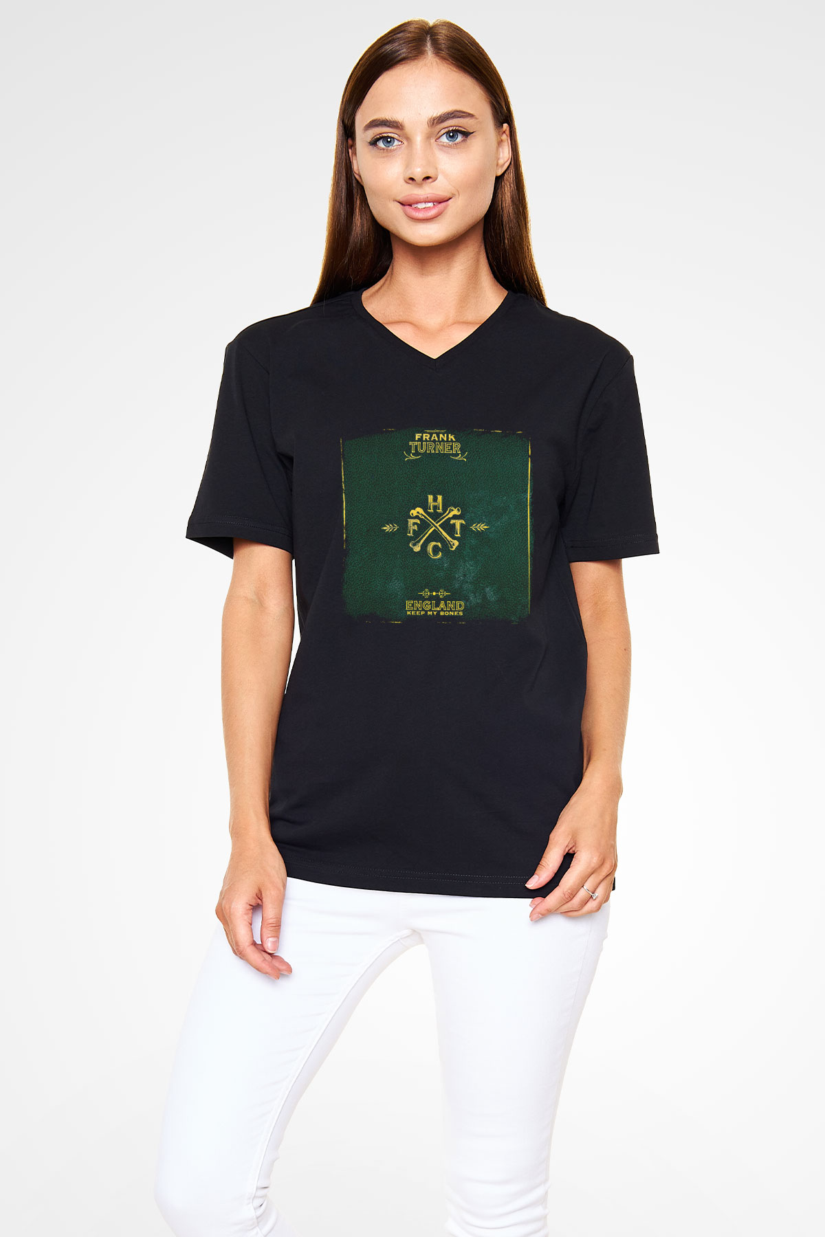 Frank Turner Baskılı Unisex Siyah V Yaka Tişört