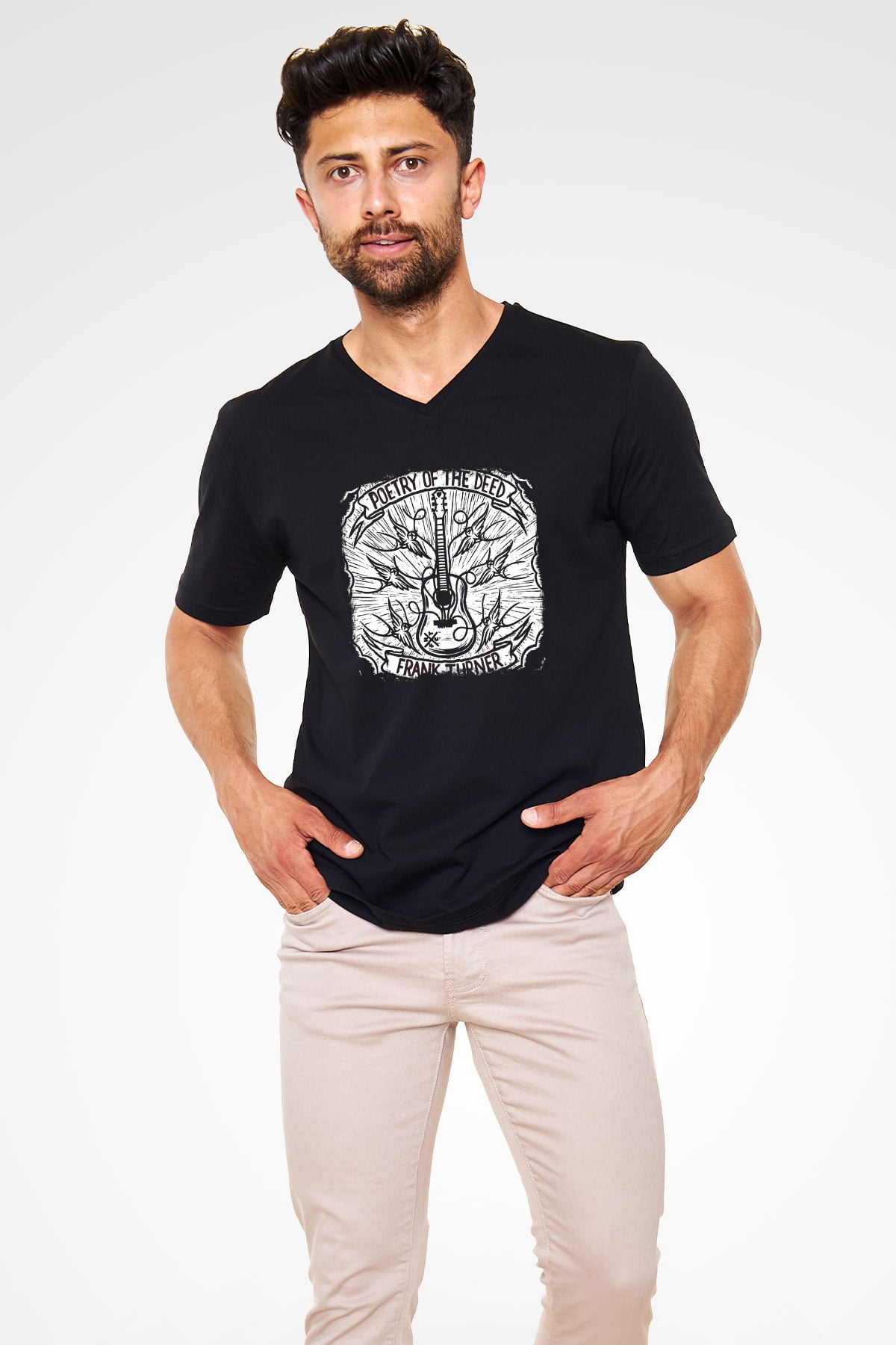 Frank Turner Baskılı Unisex Siyah V Yaka Tişört