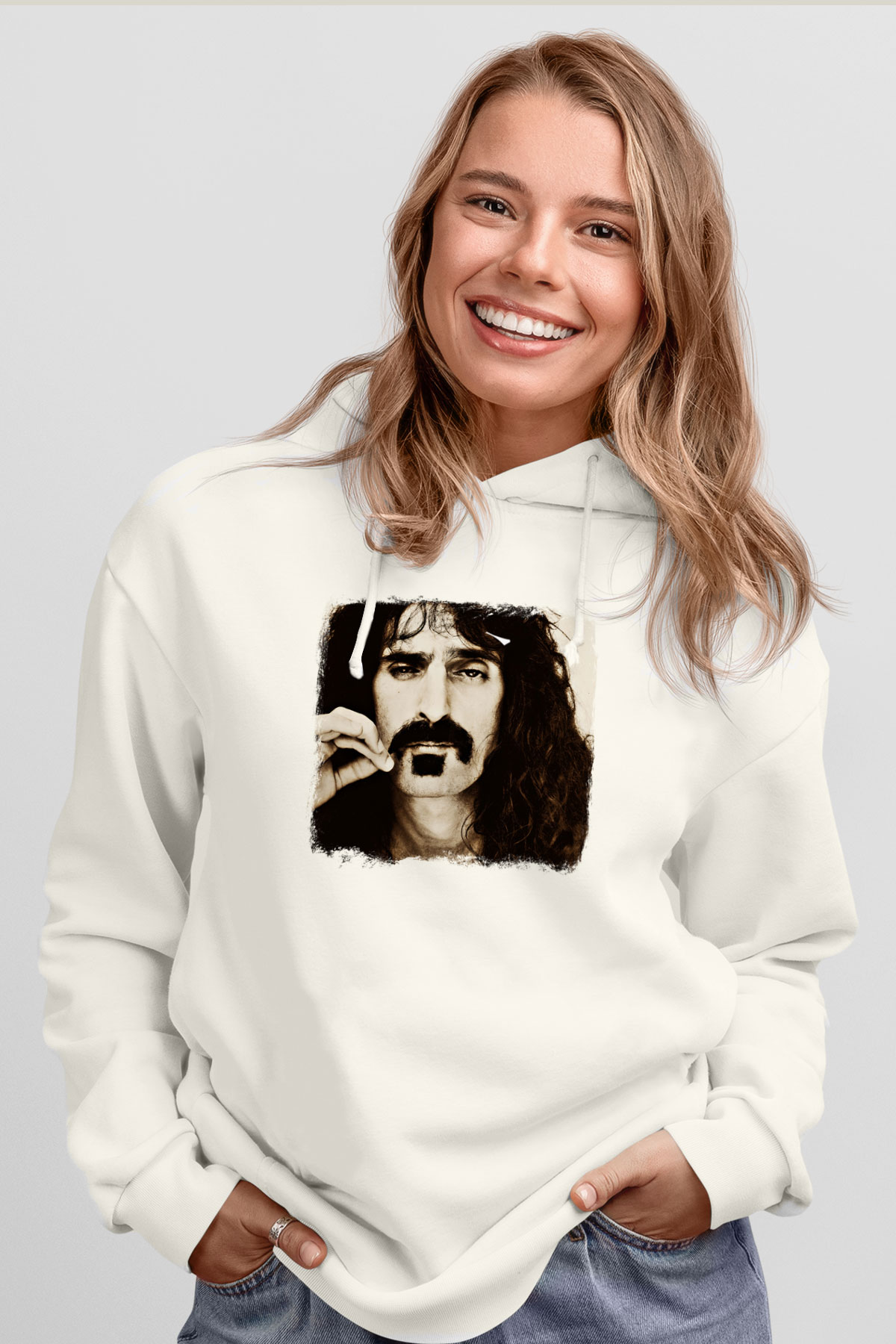 Frank Zappa Baskılı Unisex Beyaz Hoodie