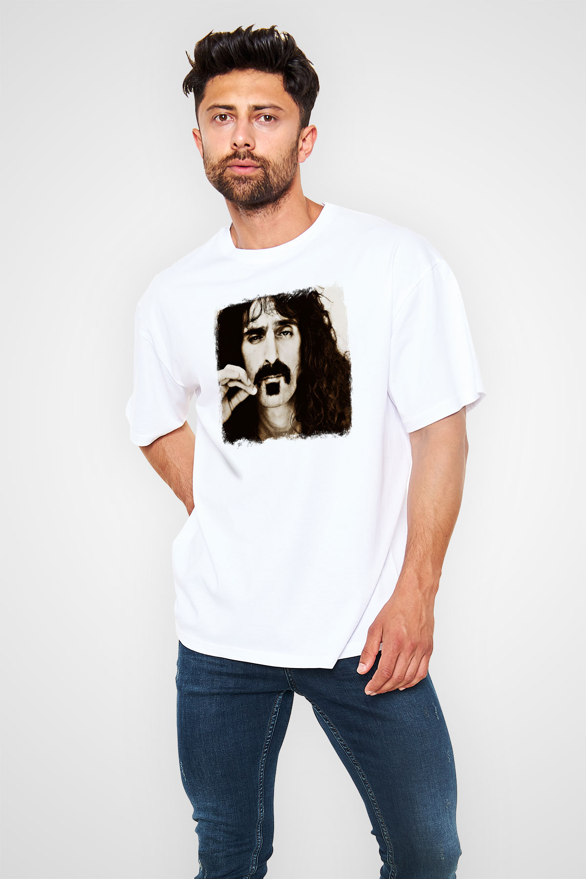 Frank Zappa Baskılı Unisex Beyaz Oversize Tişört