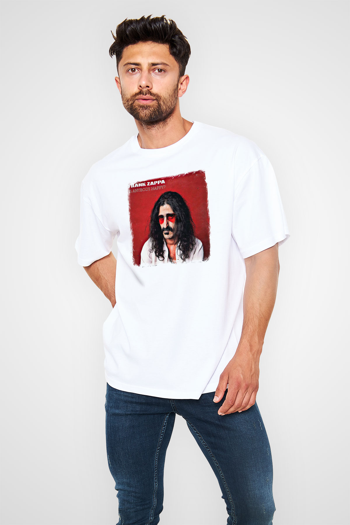 Frank Zappa Baskılı Unisex Beyaz Oversize Tişört
