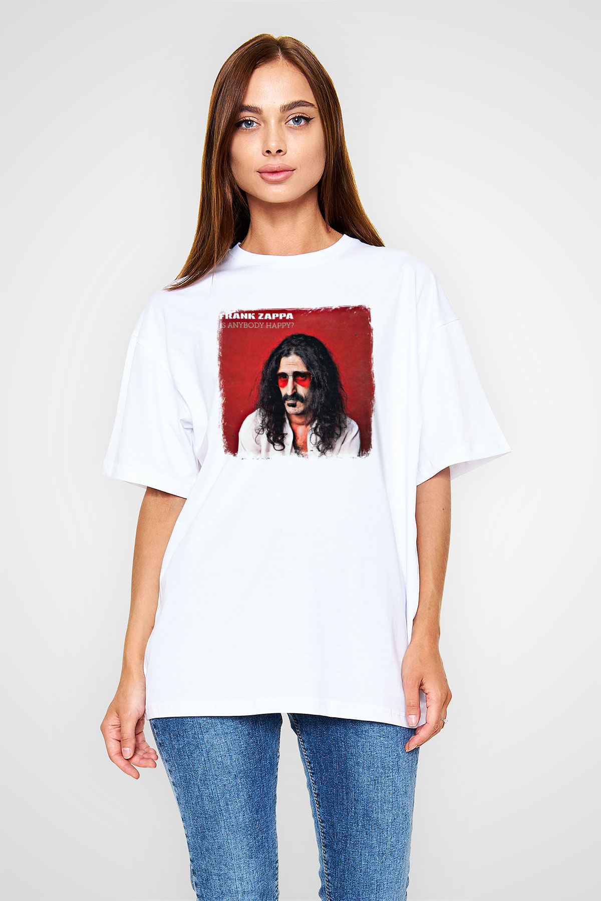 Frank Zappa Baskılı Unisex Beyaz Oversize Tişört