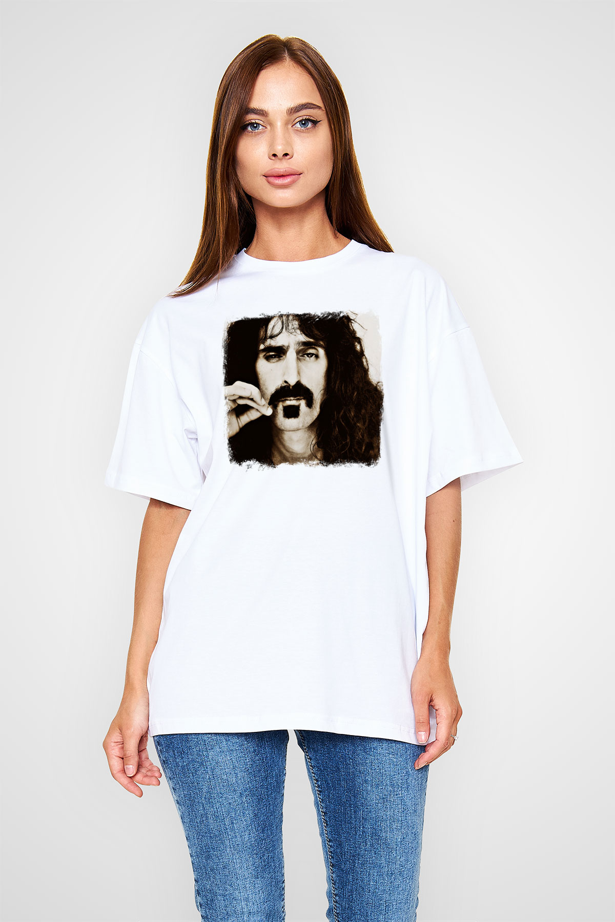 Frank Zappa Baskılı Unisex Beyaz Oversize Tişört