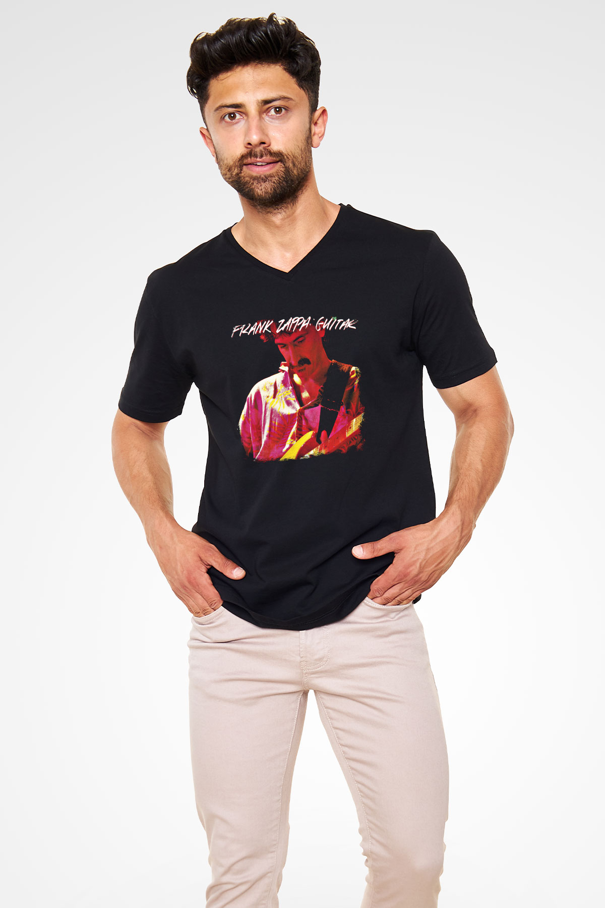 Frank Zappa Baskılı Unisex Siyah V Yaka Tişört