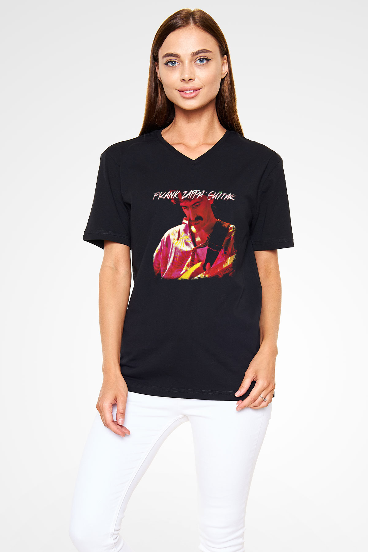 Frank Zappa Baskılı Unisex Siyah V Yaka Tişört