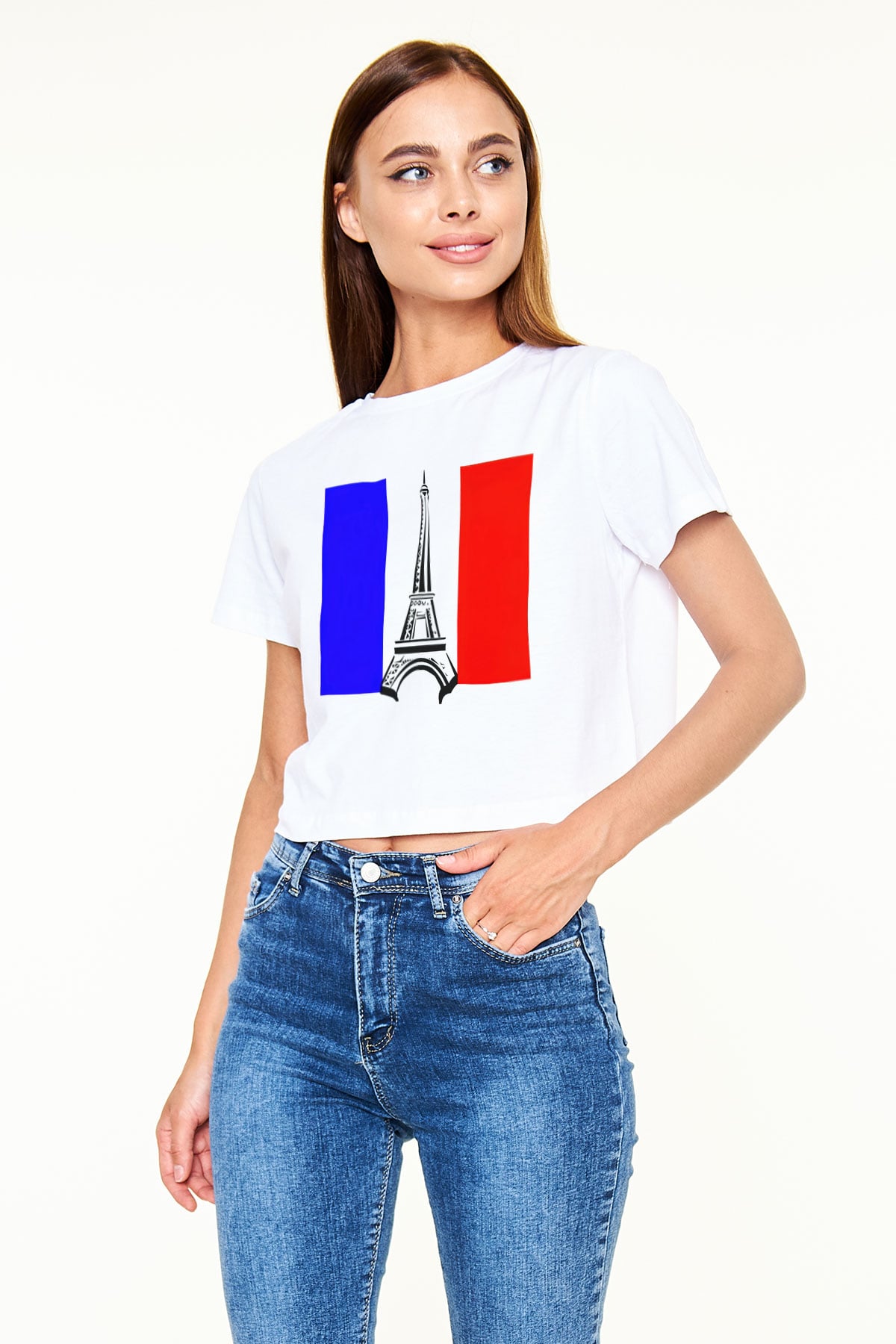Fransa Beyaz Croptop Tişört