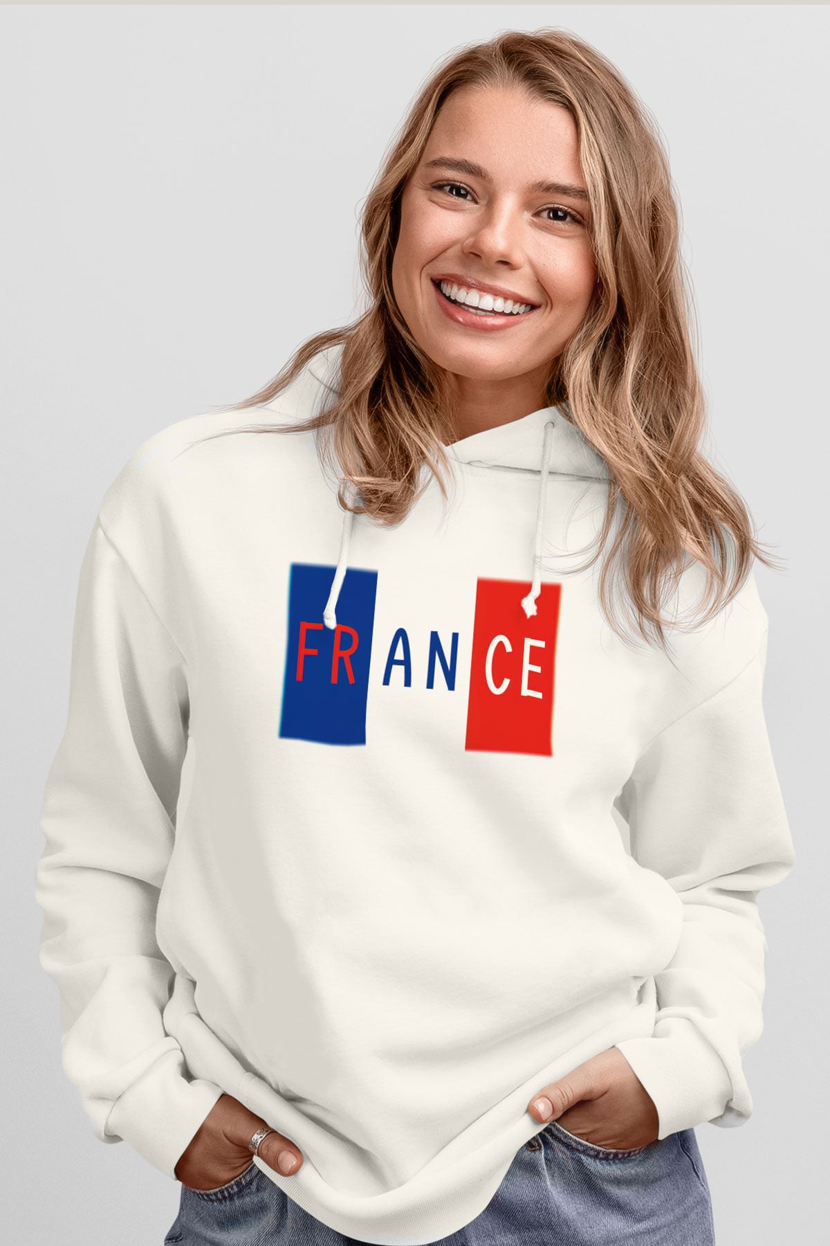 Fransa Beyaz Unisex Kapşonlu Sweatshirt