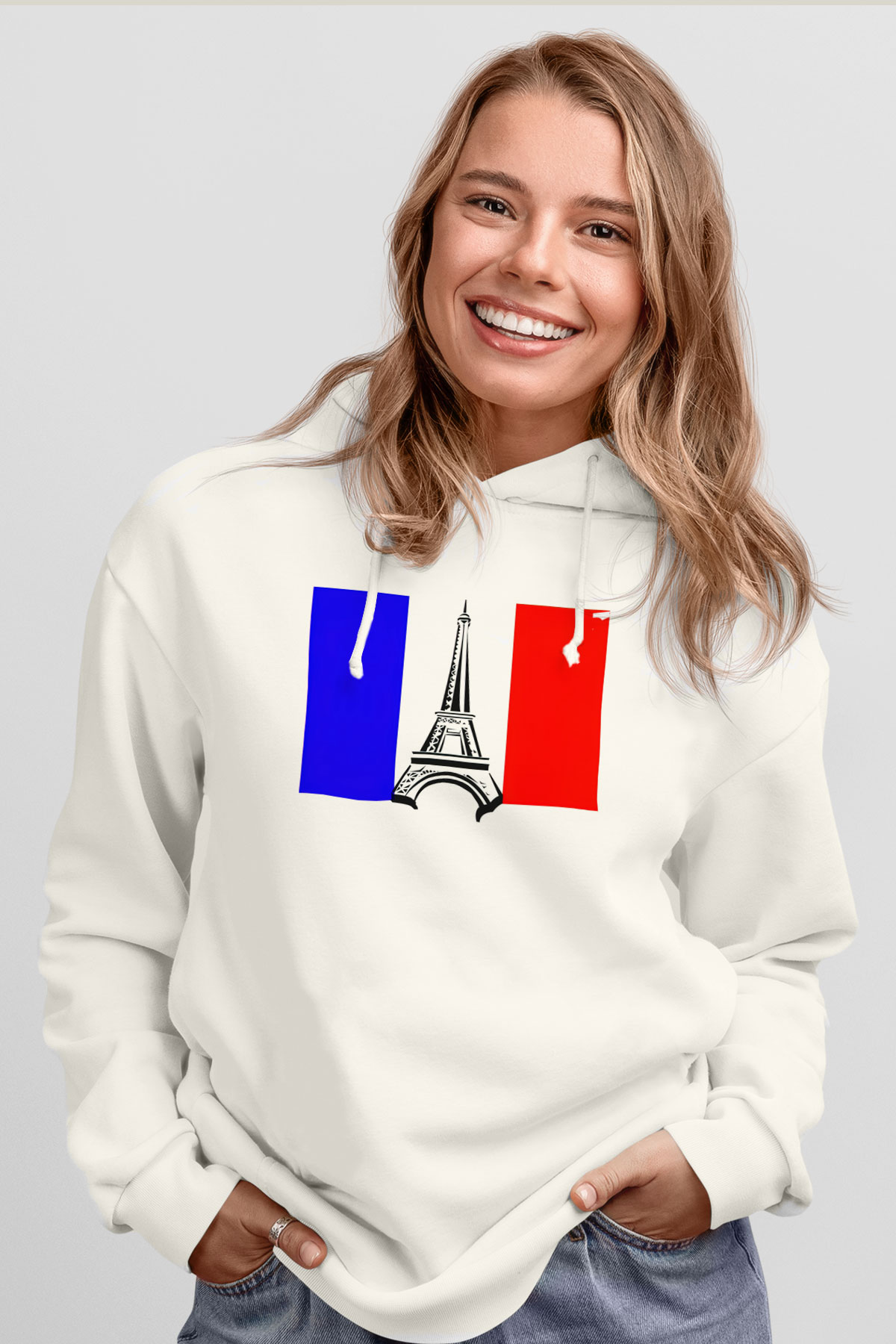 Fransa Beyaz Unisex Kapşonlu Sweatshirt