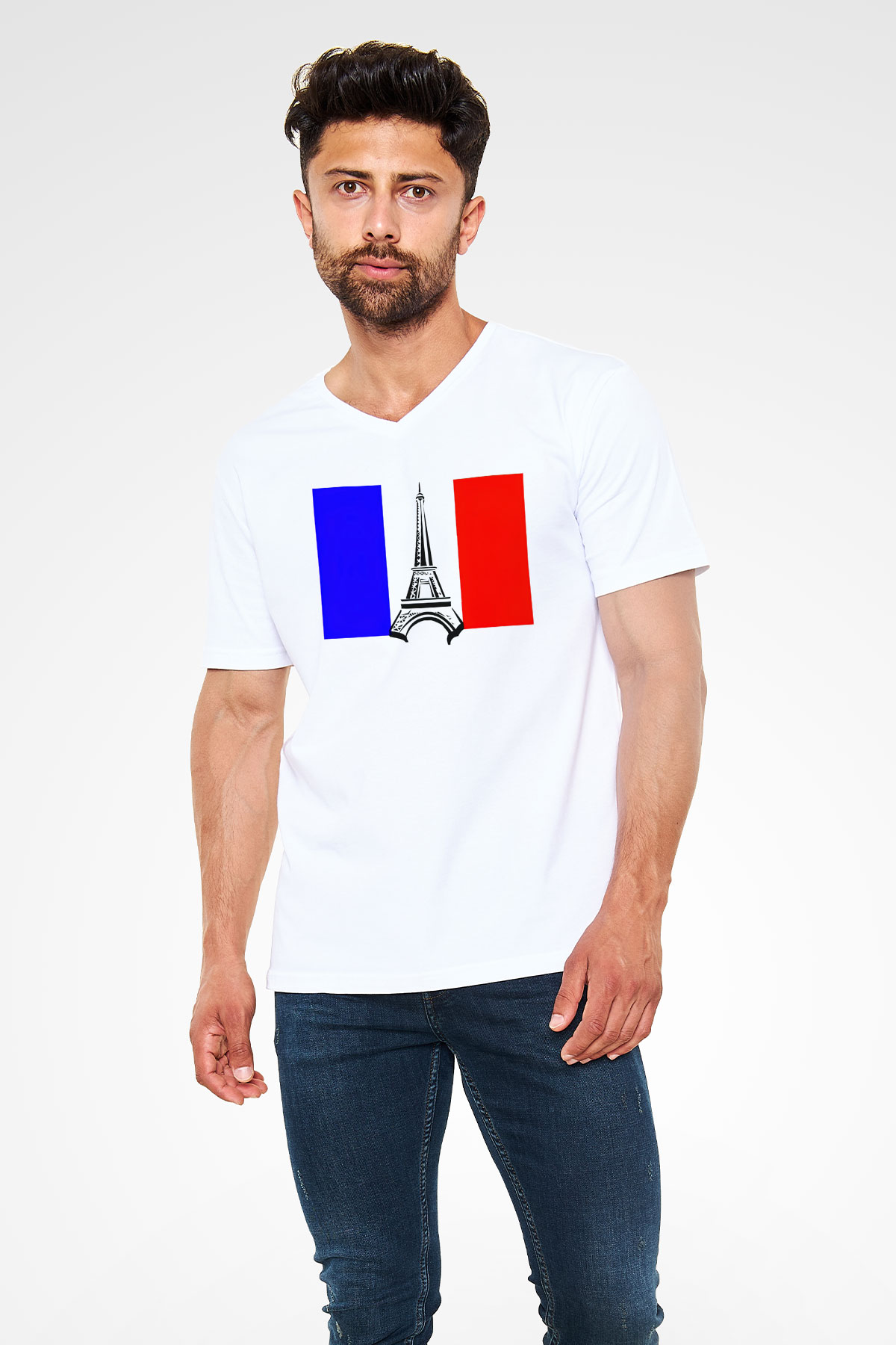 Fransa Beyaz Unisex V Yaka Tişört T-Shirt