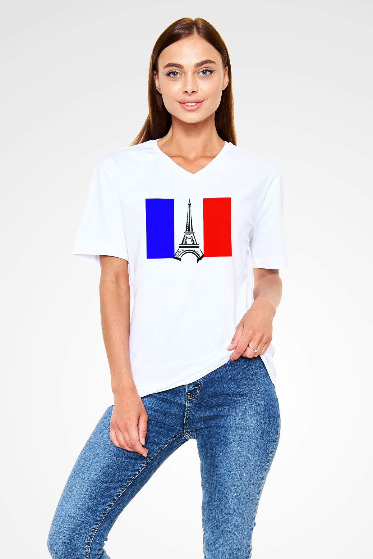 Fransa Beyaz Unisex V Yaka Tişört T-Shirt
