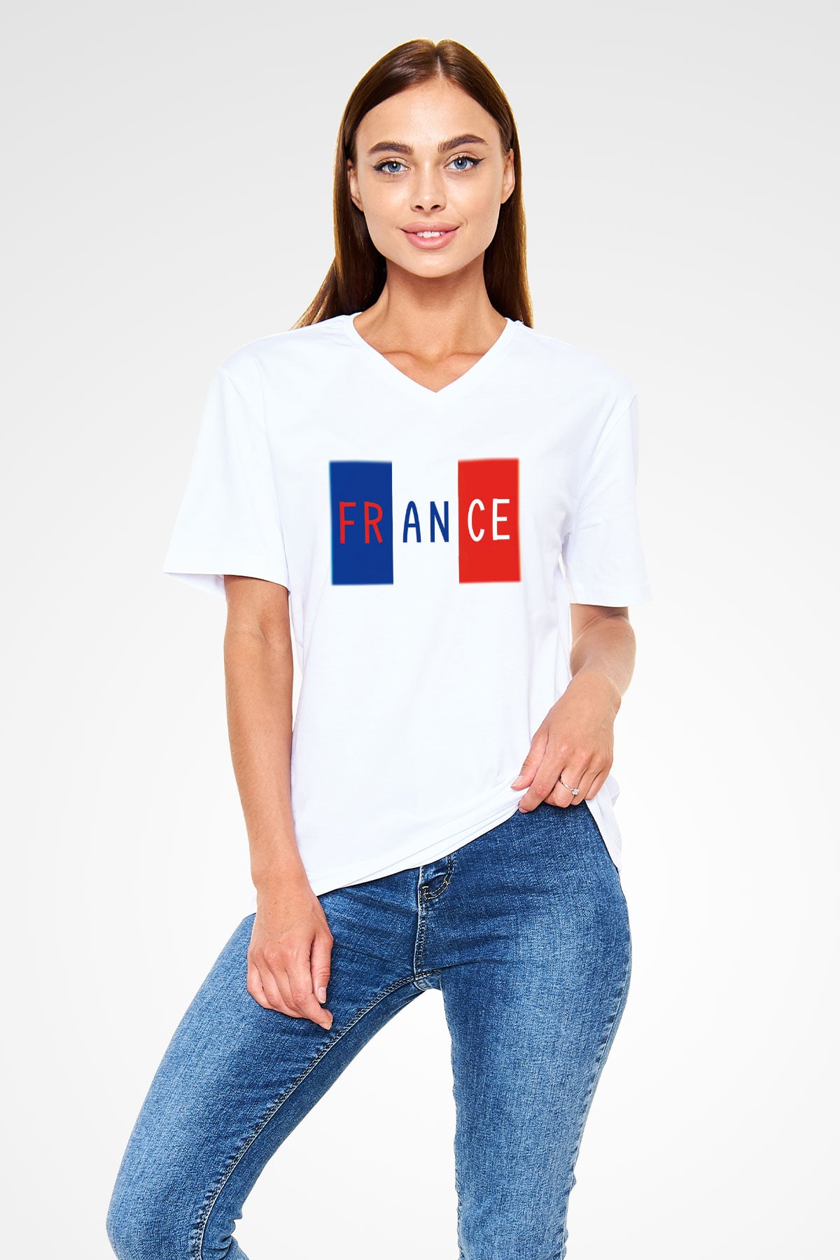 Fransa Beyaz Unisex V Yaka Tişört T-Shirt