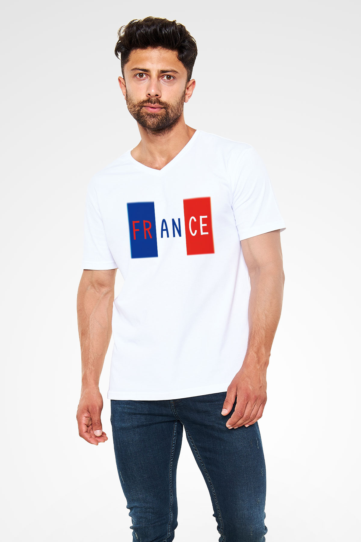 Fransa Beyaz Unisex V Yaka Tişört T-Shirt