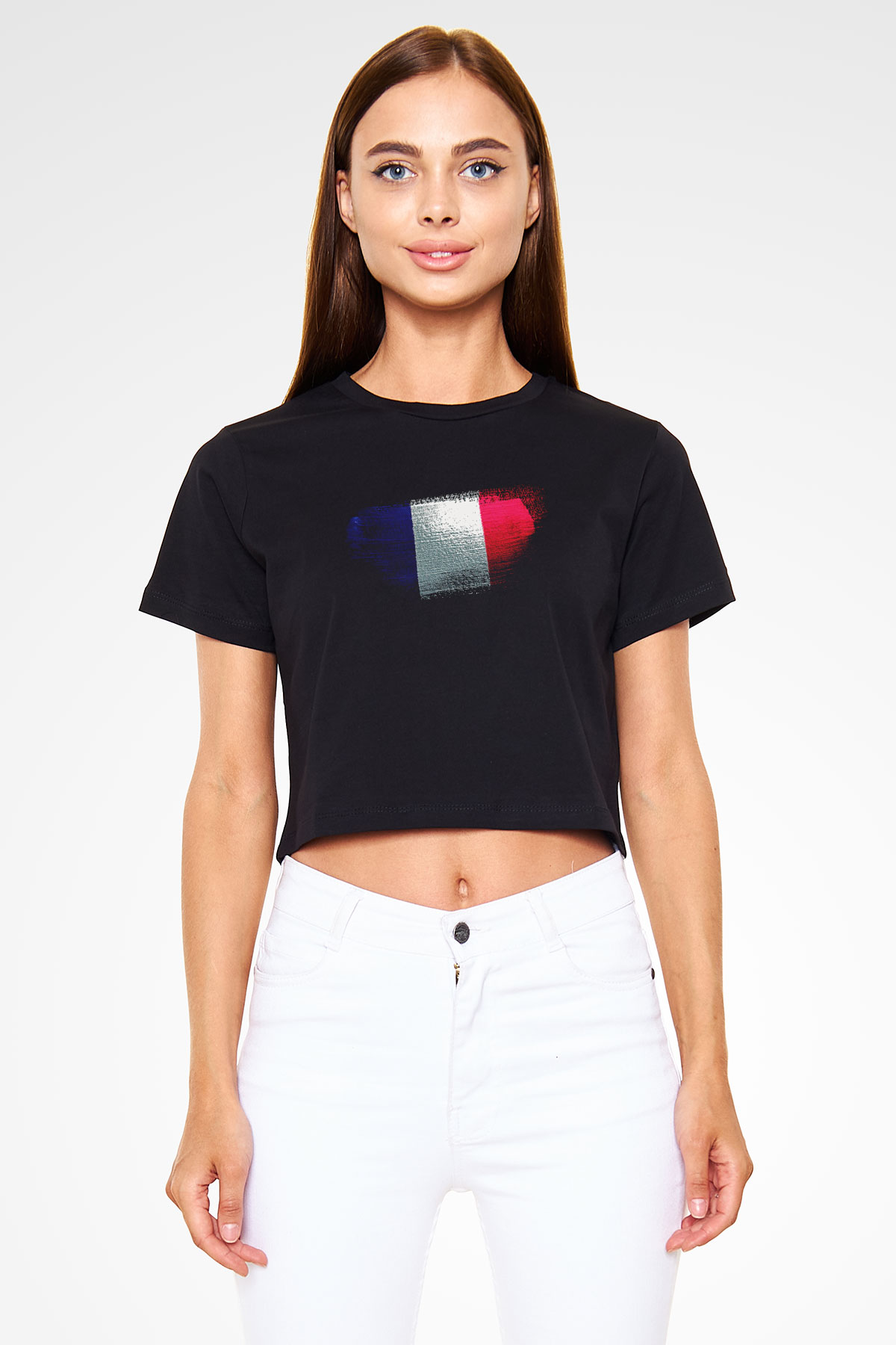 Fransa - France Bayrağı Baskılı Kadın Crop Top Siyah Tişört