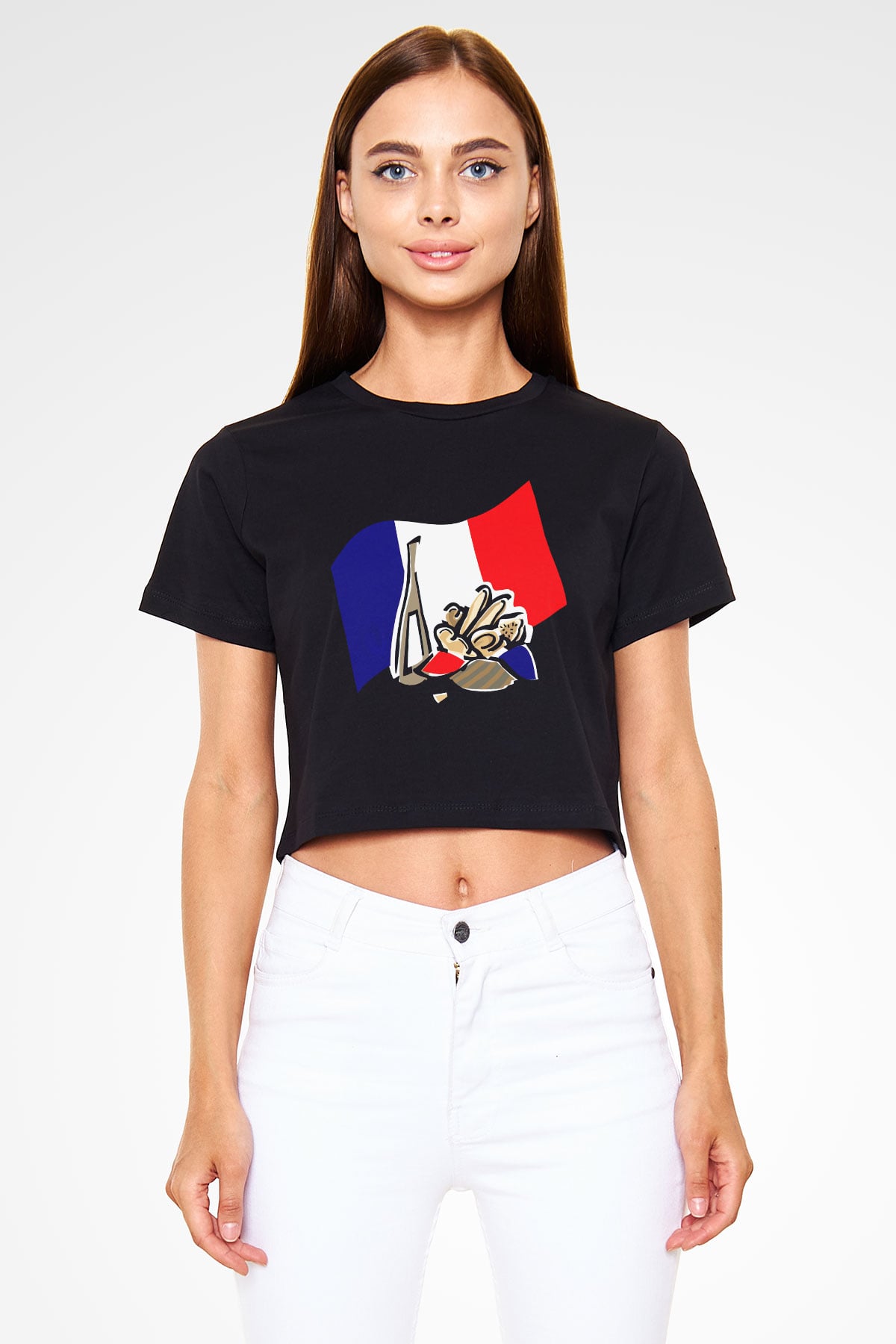 Fransa Siyah Crop Top Tişört