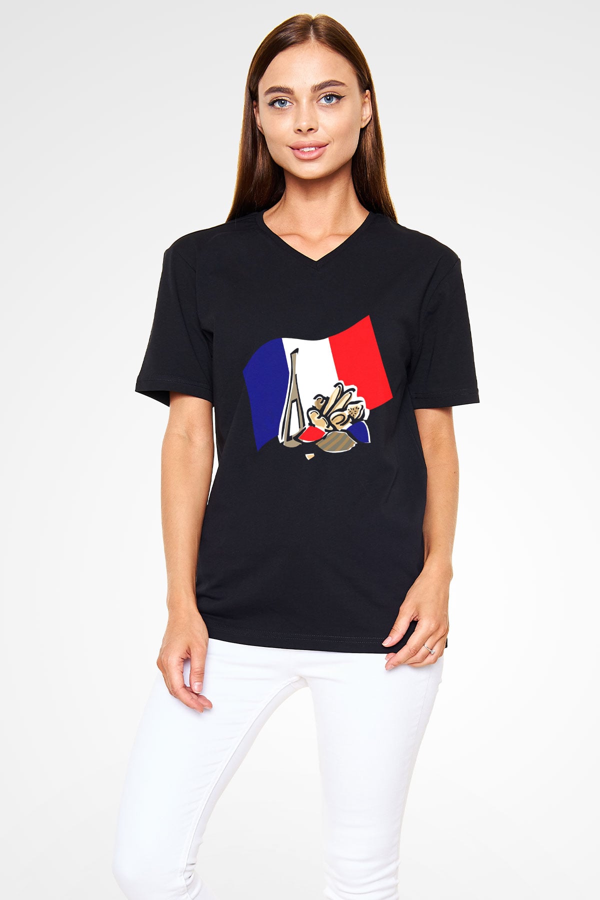 Fransa Siyah Unisex V Yaka Tişört T-Shirt