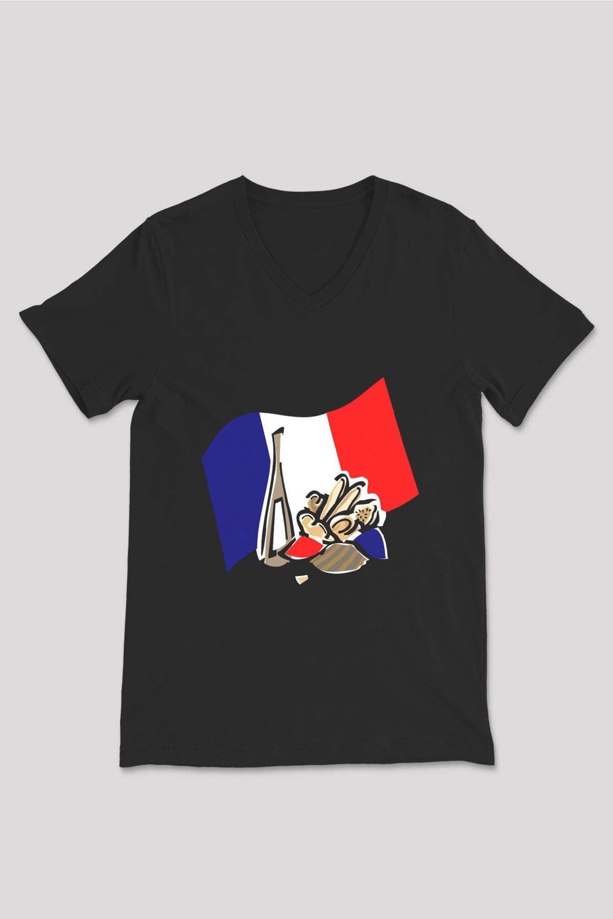 Fransa Siyah Unisex V Yaka Tişört T-Shirt