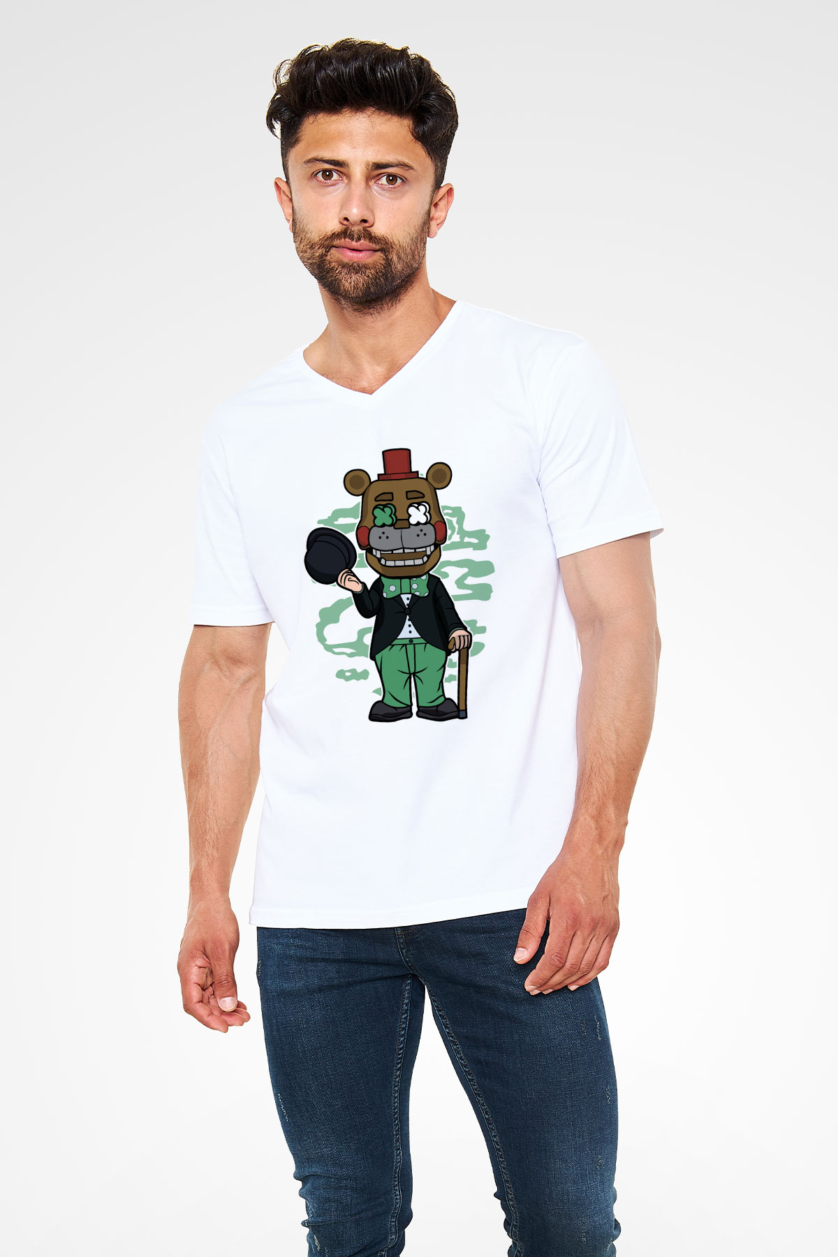 Freddy Gentlemen Baskılı Unisex Beyaz V Yaka Tişört