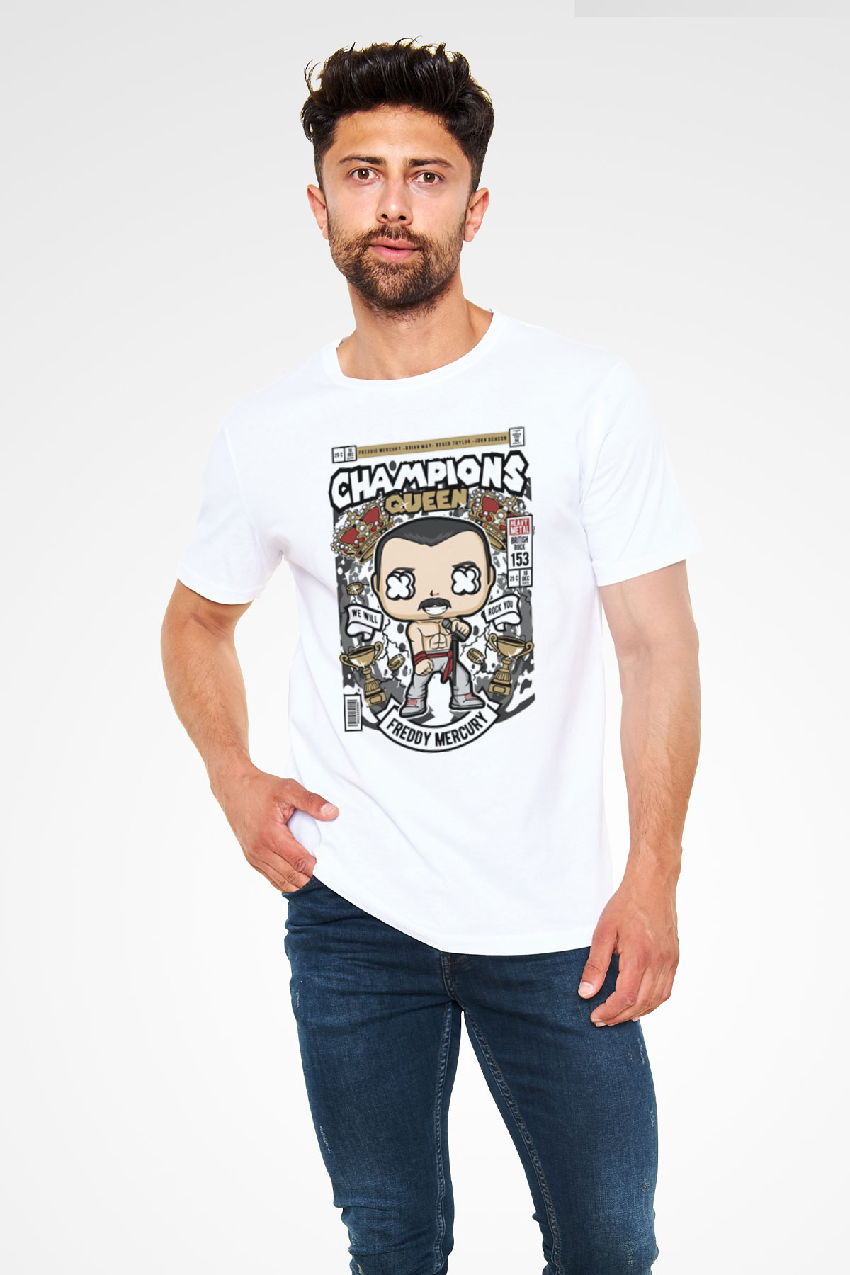 Freddy Mercuri Queen Baskılı Unisex Beyaz Tişört