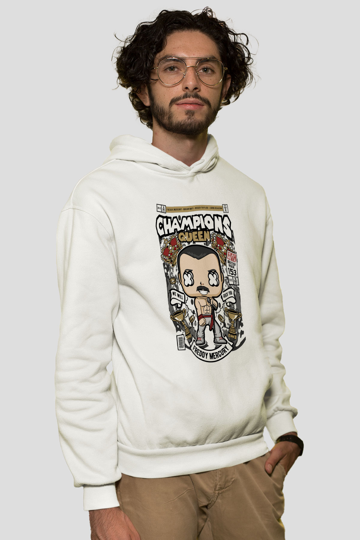 Freddy Mercuri Queen Baskılı Unisex Beyaz Hoodie