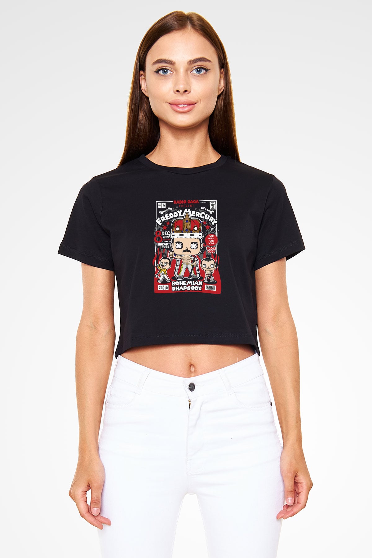 Freddy Mercury Baskılı Siyah Kadın Crop Top Tişört