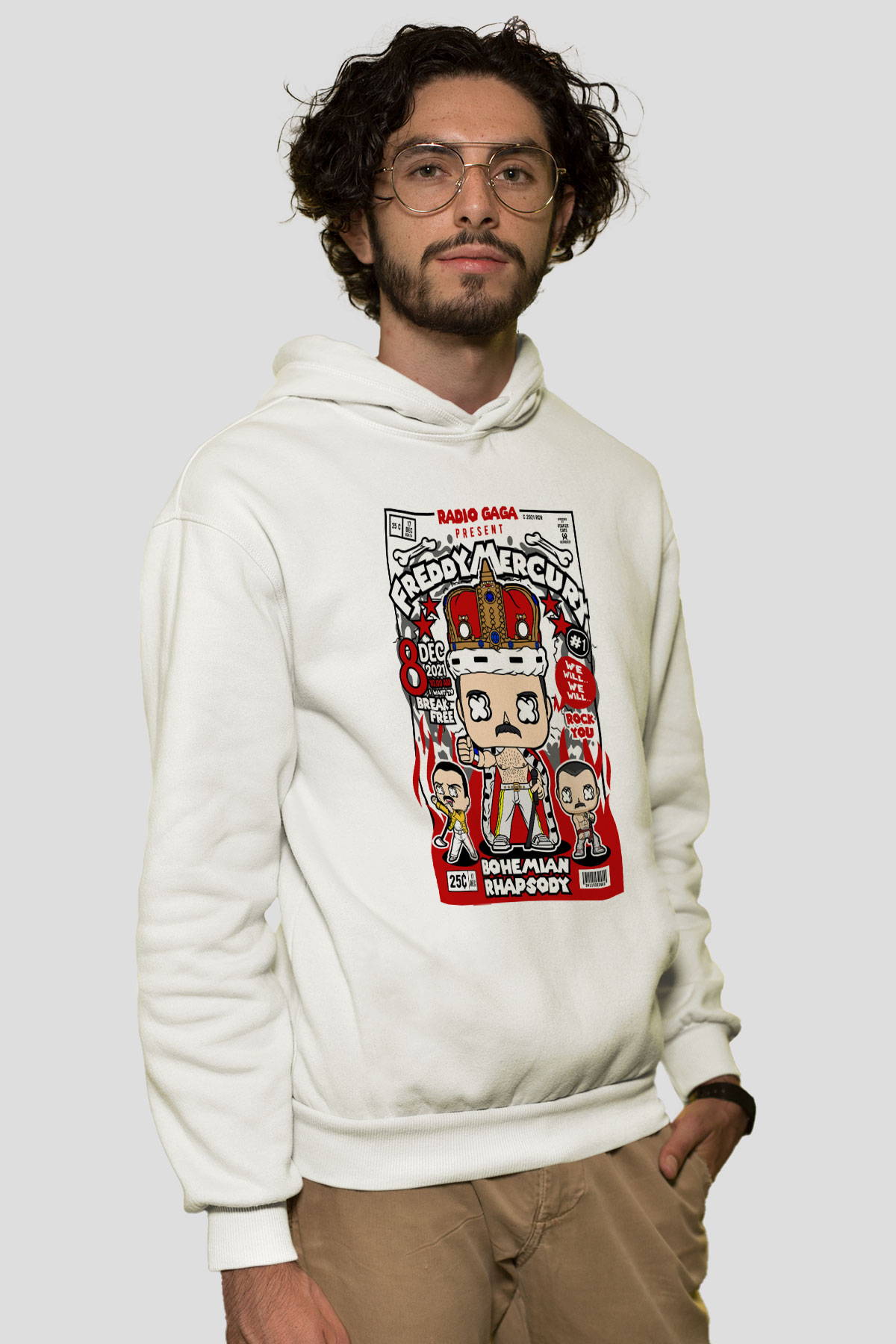 Freddy Mercury Baskılı Unisex Beyaz Hoodie
