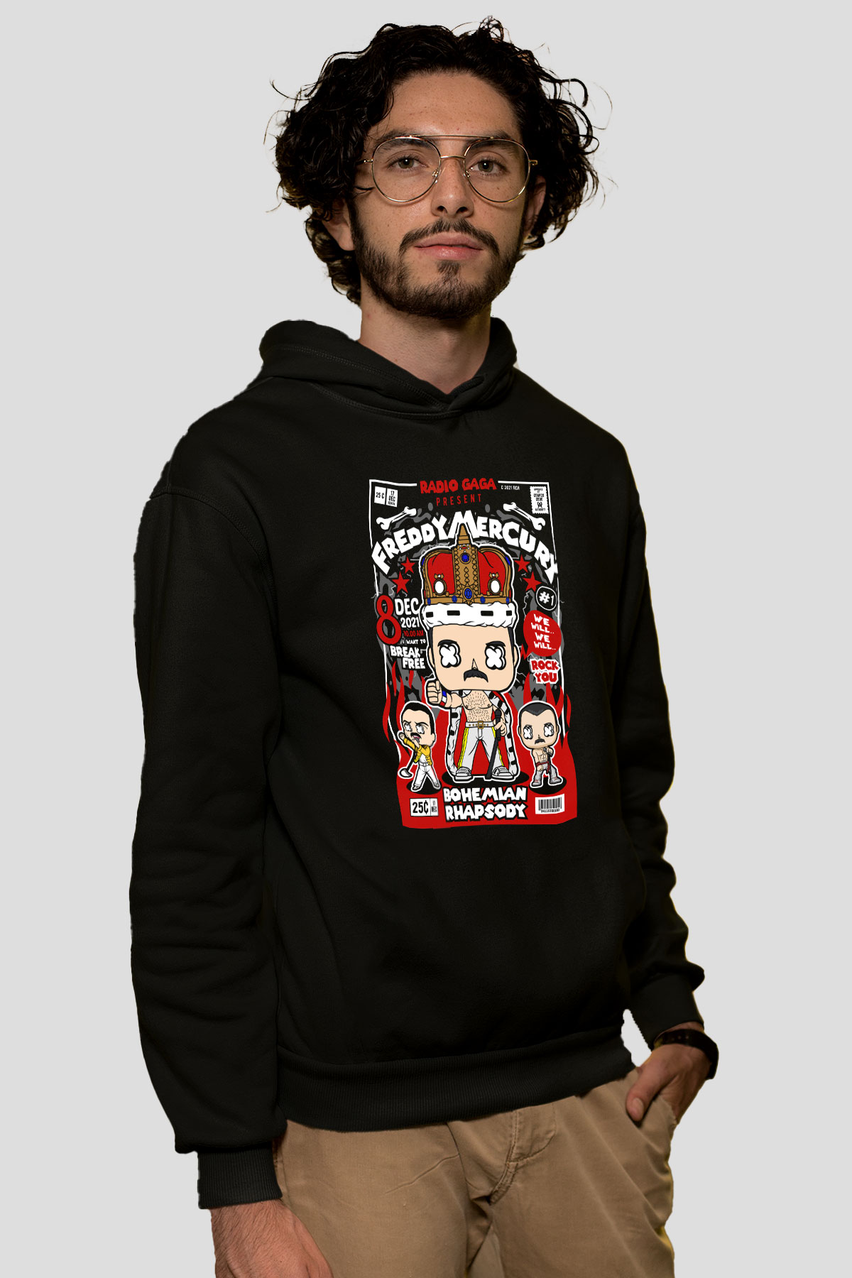 Freddy Mercury Baskılı Unisex Siyah Hoodie
